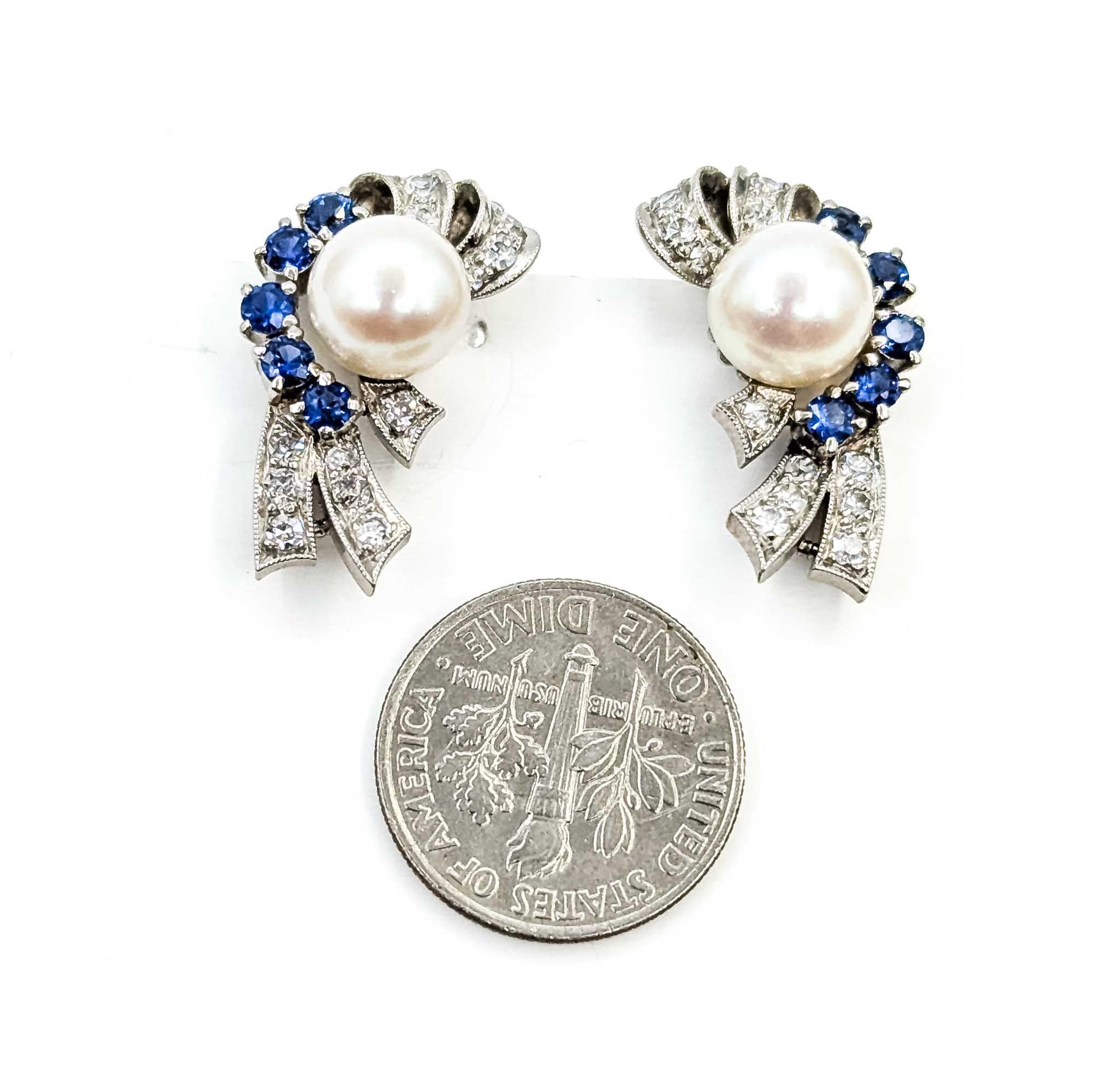 Pendientes de Zafiro, Diamante y Perla en Oro Blanco de 14k en venta 3