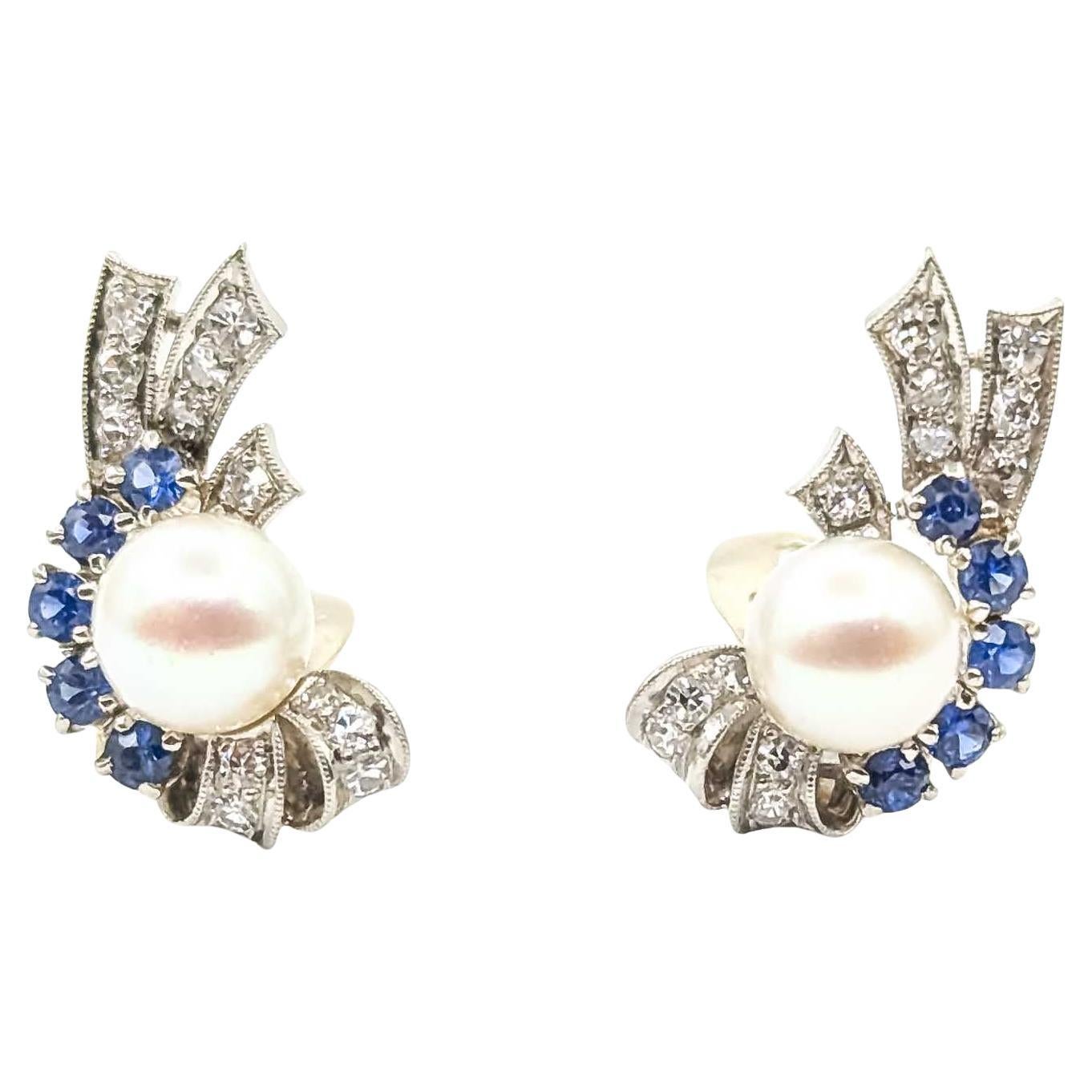 Pendientes de Zafiro, Diamante y Perla en Oro Blanco de 14k en venta