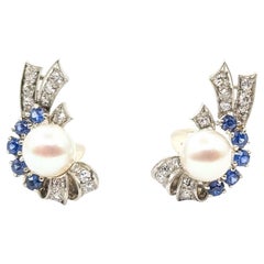 Sapphire Diamond and Pearl Earrings in 14k White Gold