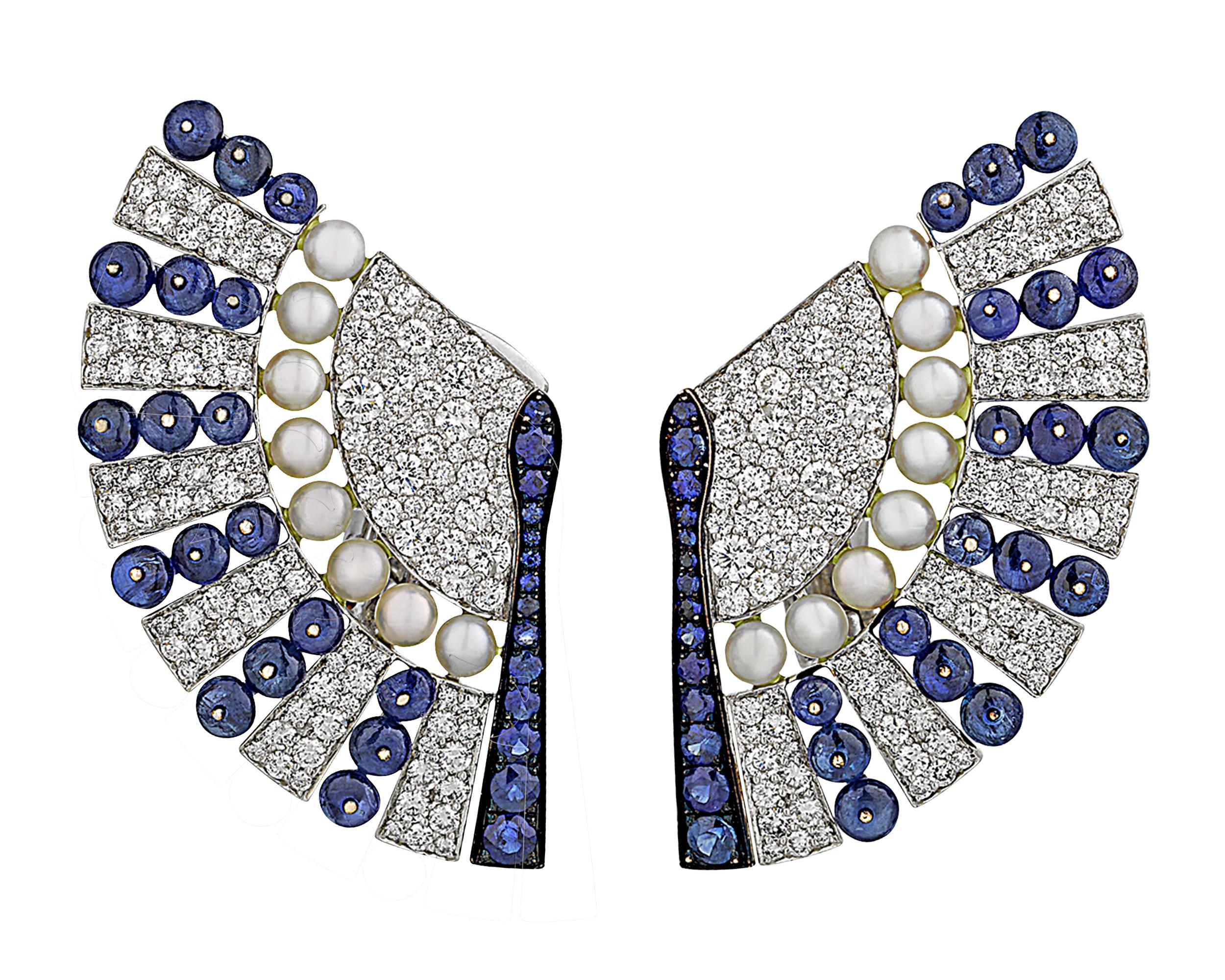 Moderne Boucles d'oreilles éventail en saphir, diamant et perle en vente