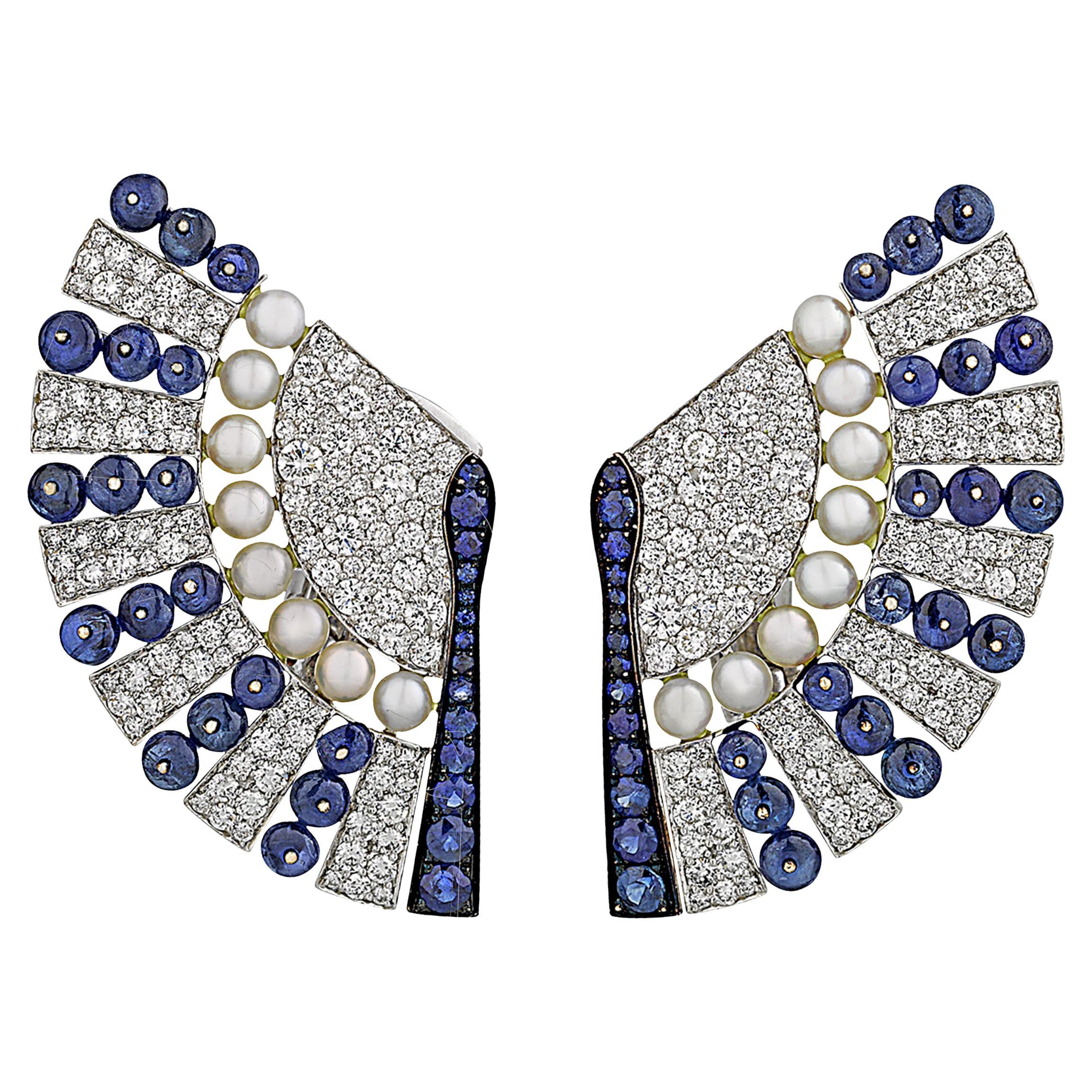 Sapphire, Diamond and Pearl Fan Earrings For Sale