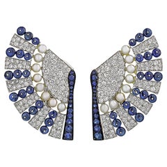 Sapphire, Diamond and Pearl Fan Earrings