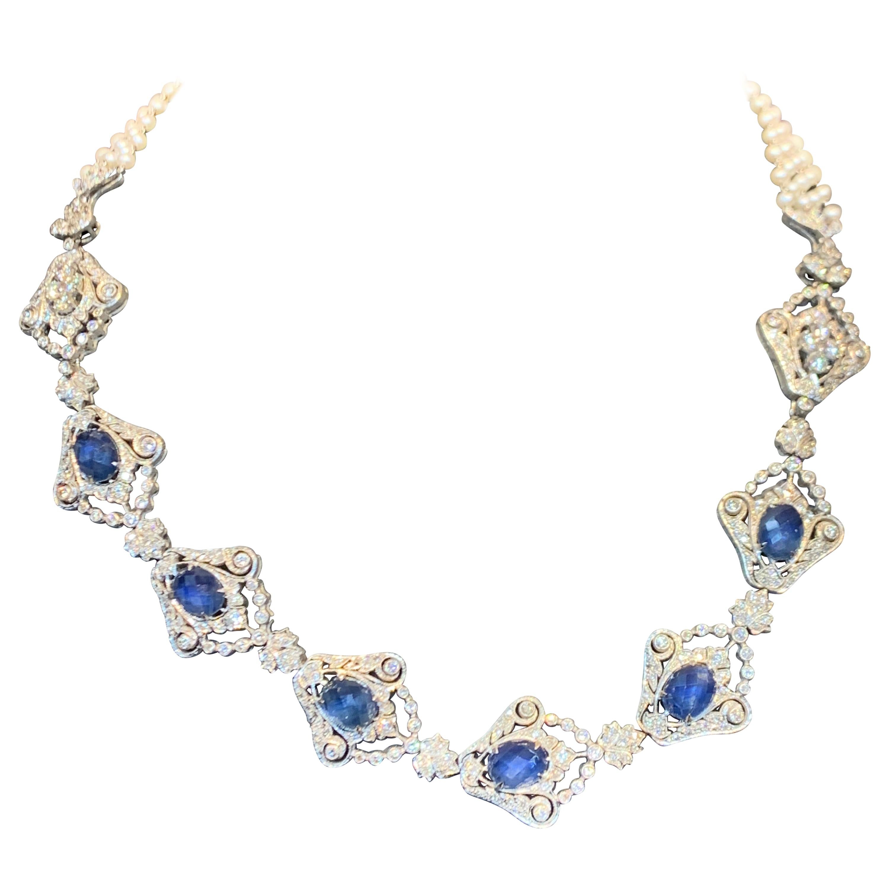 Sapphire, Diamond and Pearl Necklace For Sale