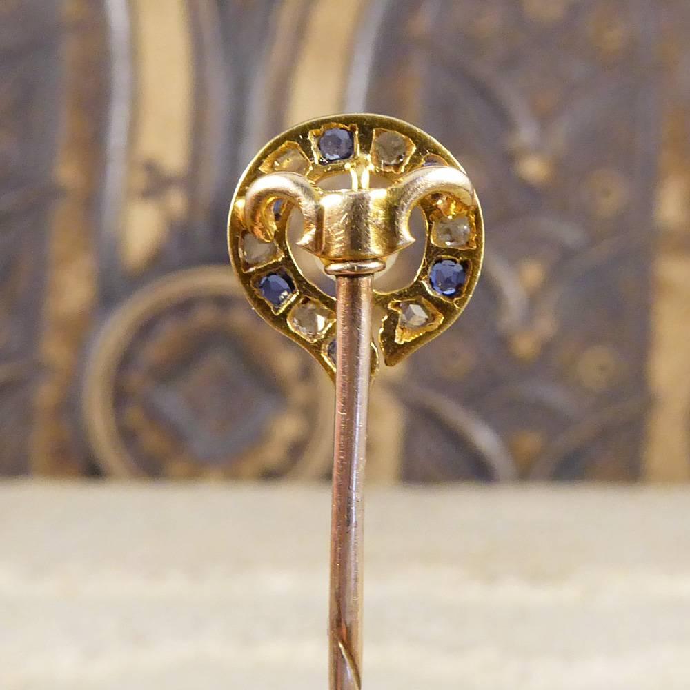 Women's Sapphire Diamond and Pearl Yellow Gold Late Victorian Pin