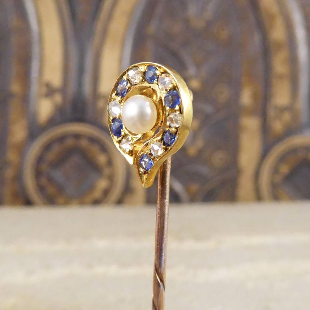 Sapphire Diamond and Pearl Yellow Gold Late Victorian Pin 1