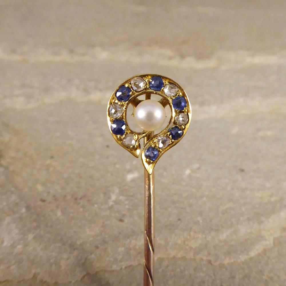 Sapphire Diamond and Pearl Yellow Gold Late Victorian Pin 2