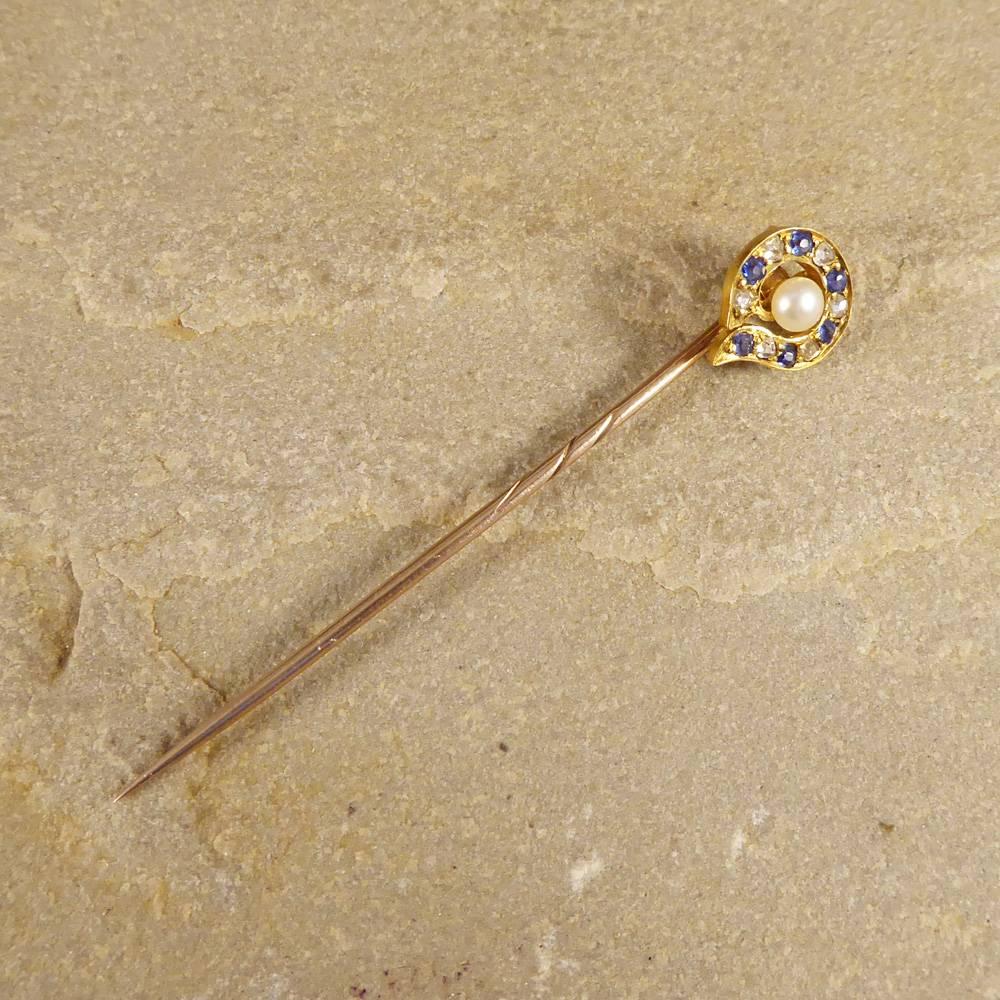 Sapphire Diamond and Pearl Yellow Gold Late Victorian Pin 3