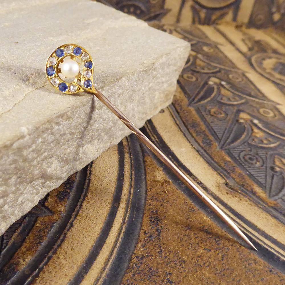 Sapphire Diamond and Pearl Yellow Gold Late Victorian Pin 4