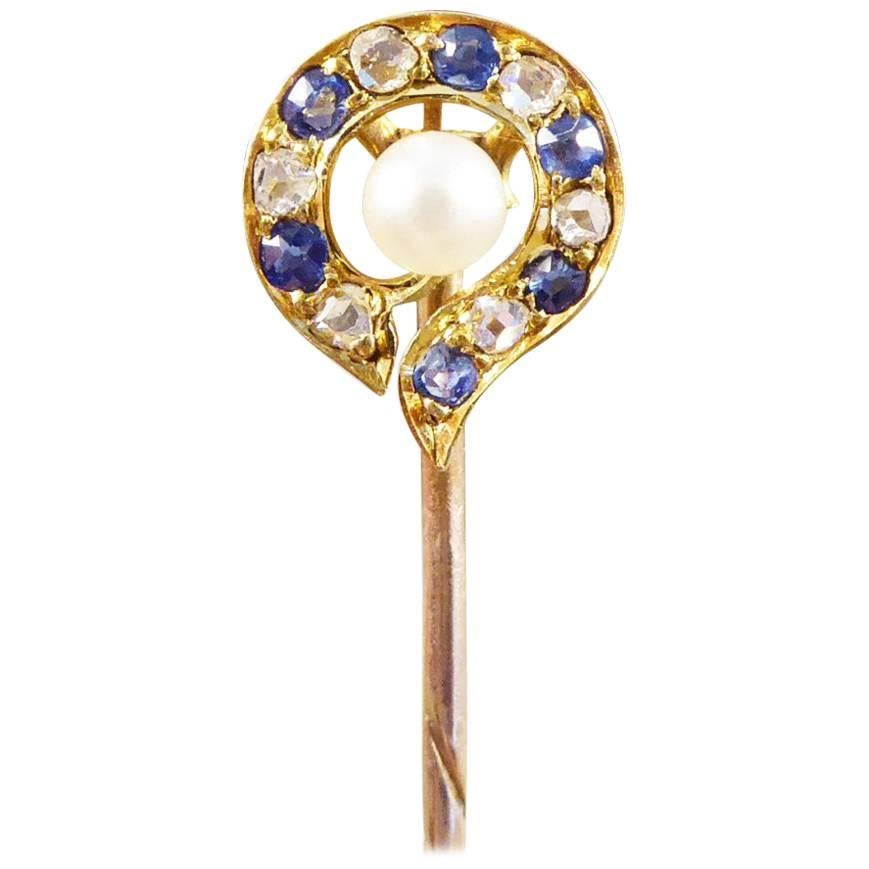 Sapphire Diamond and Pearl Yellow Gold Late Victorian Pin