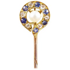 Vintage Sapphire Diamond and Pearl Yellow Gold Late Victorian Pin