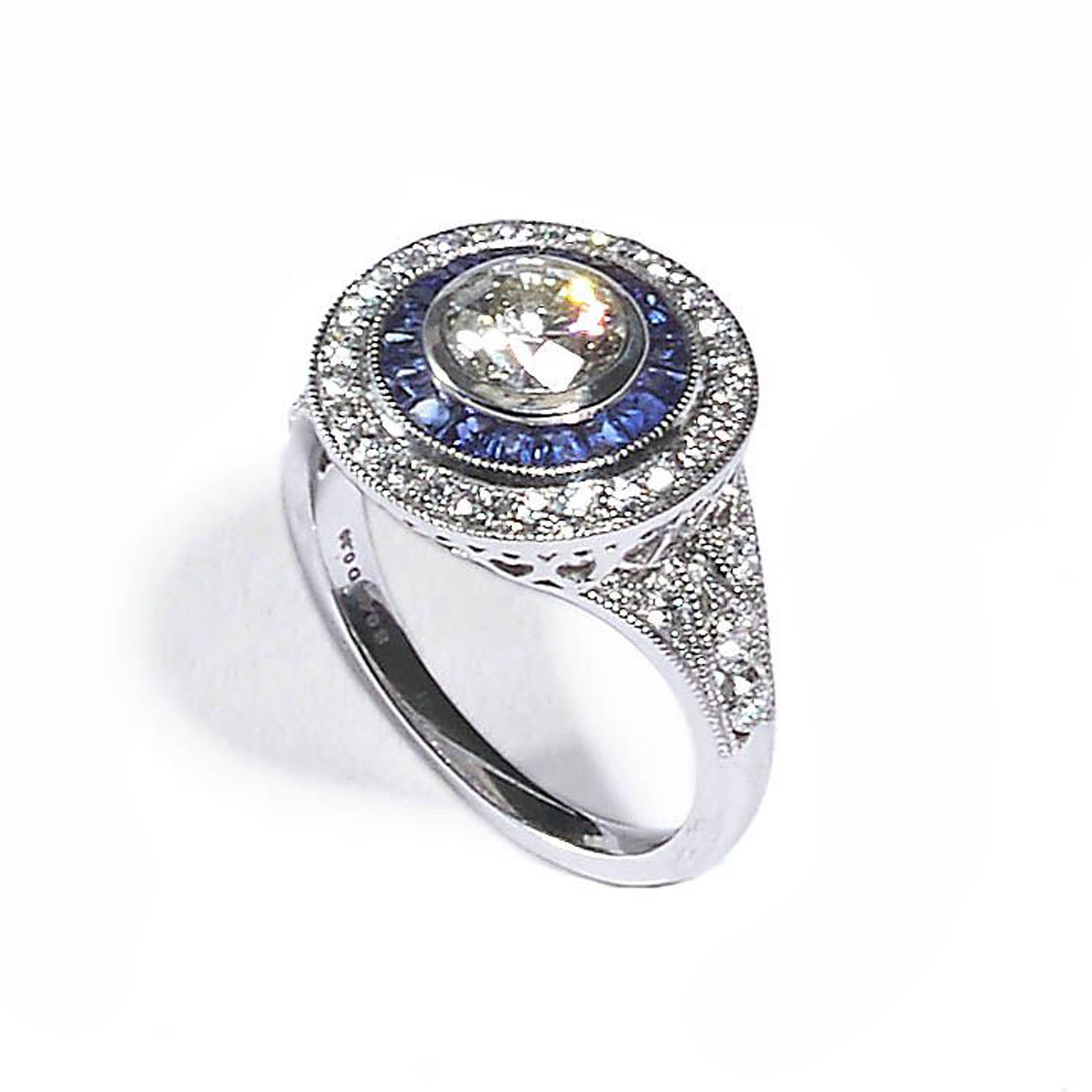 Art Deco Sapphire, Diamond and Platinum Cluster Ring, 0.90 Carat