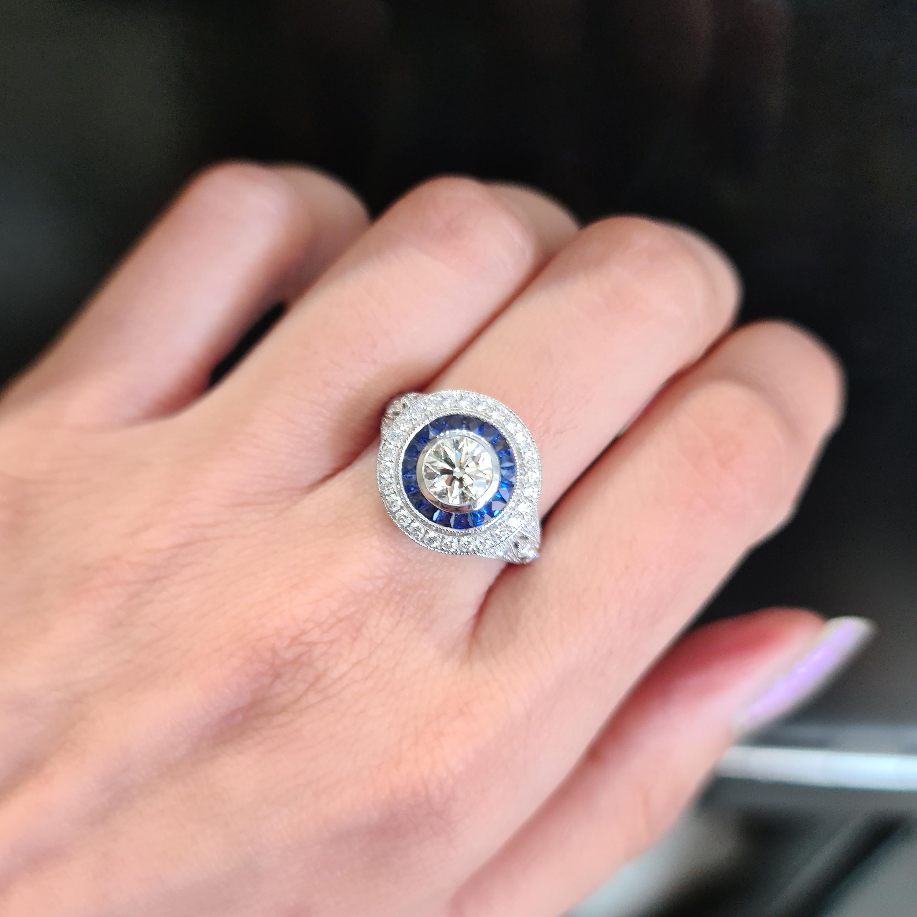 Brilliant Cut Sapphire, Diamond and Platinum Cluster Ring, 0.90 Carat