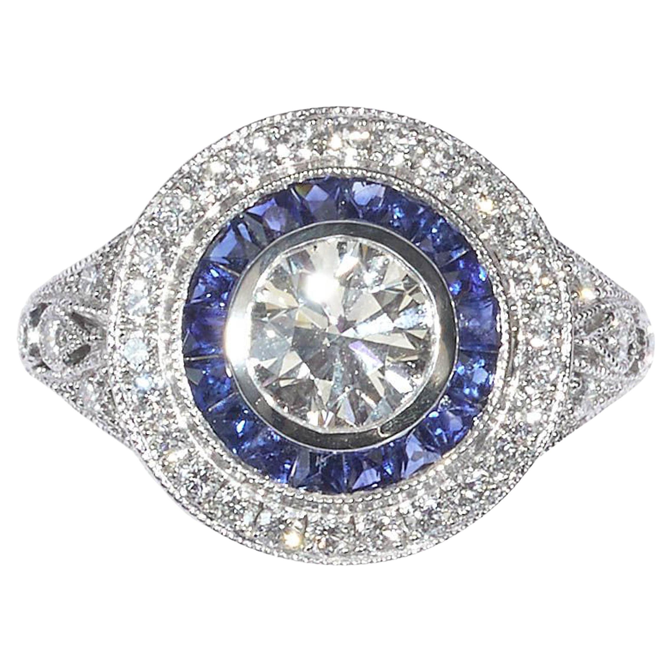 Sapphire, Diamond and Platinum Cluster Ring, 0.90 Carat