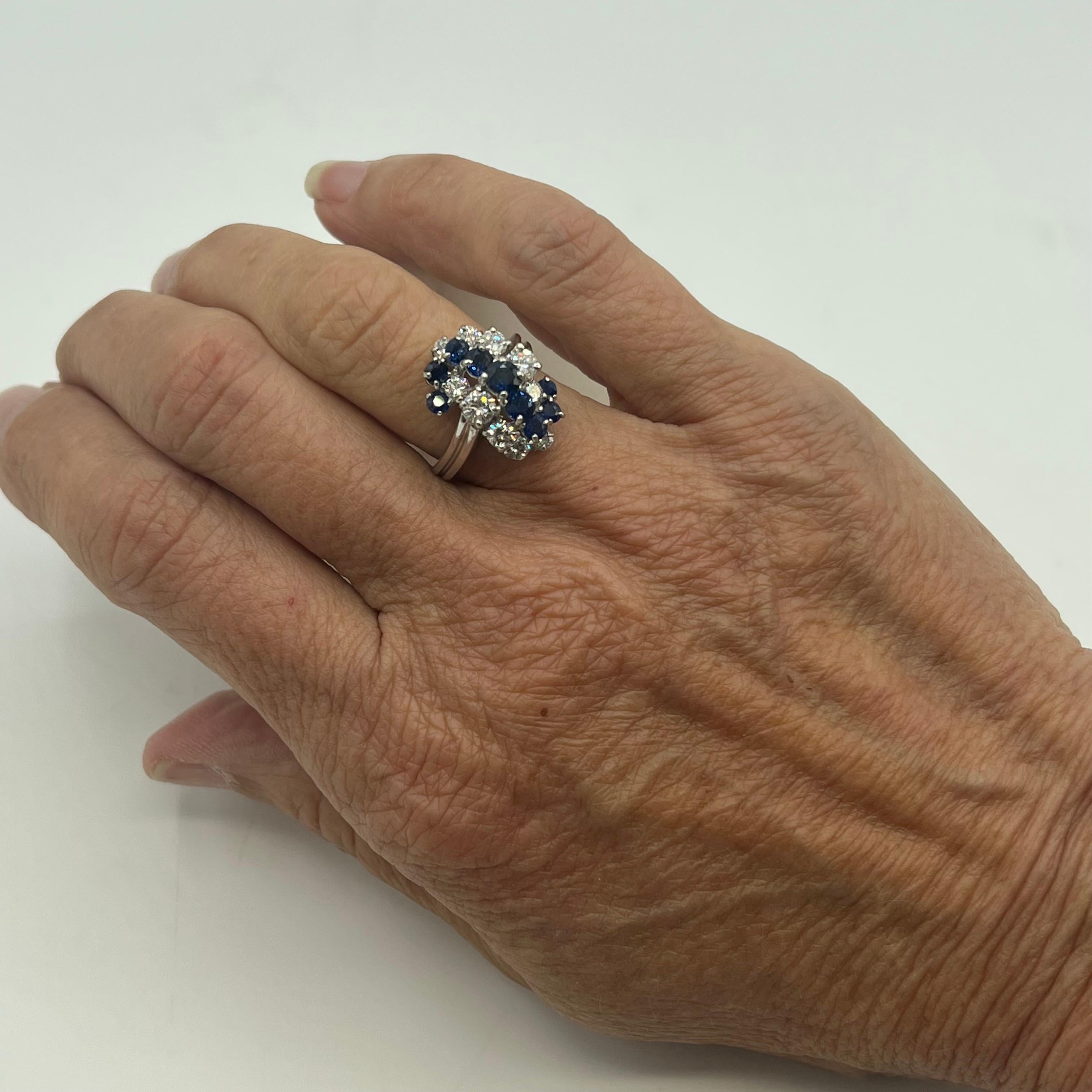Sapphire, Diamond and Platinum Cluster Ring In Excellent Condition In Berkeley, CA