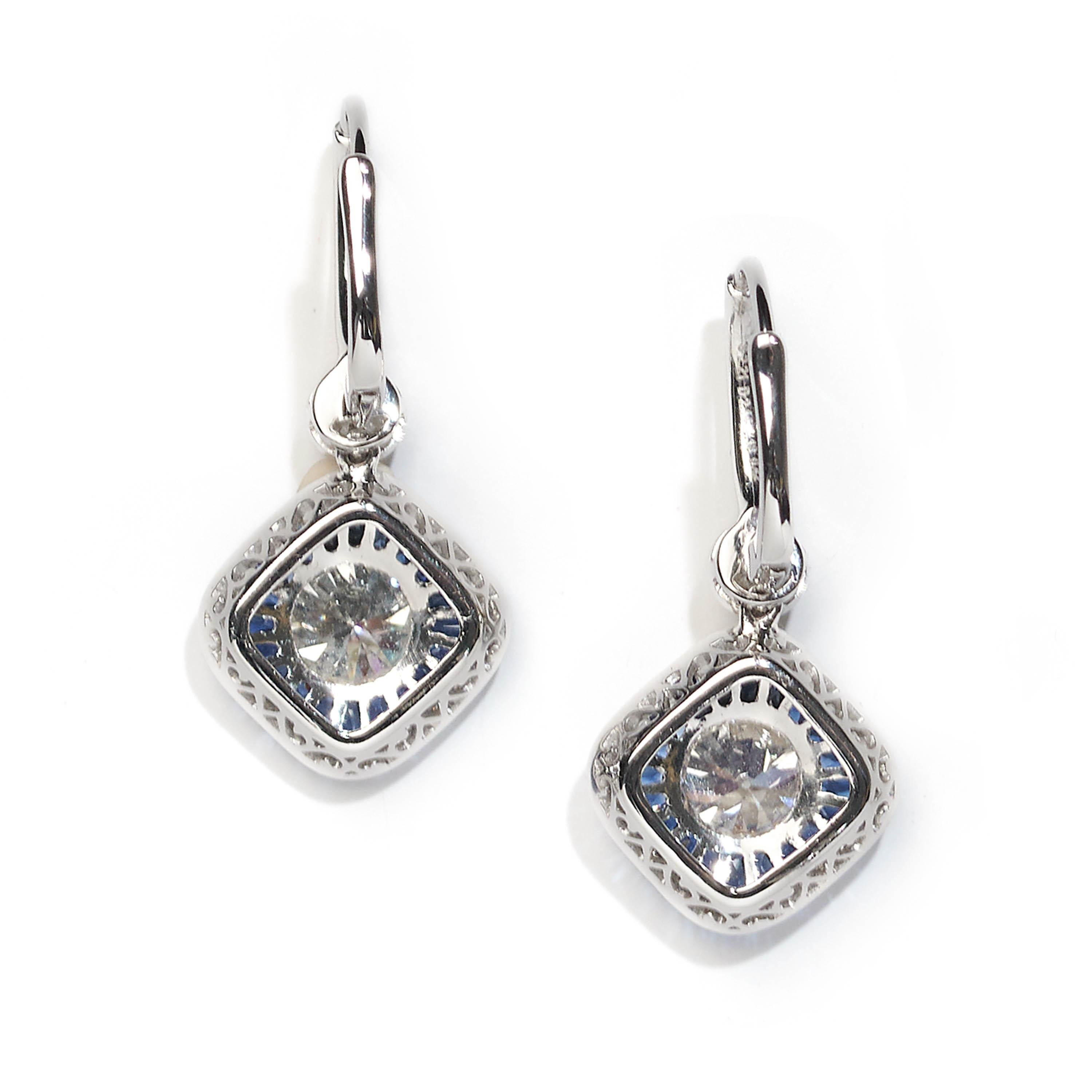 Brilliant Cut Sapphire, Diamond and Platinum Drop Earrings, 2.70 Carat For Sale