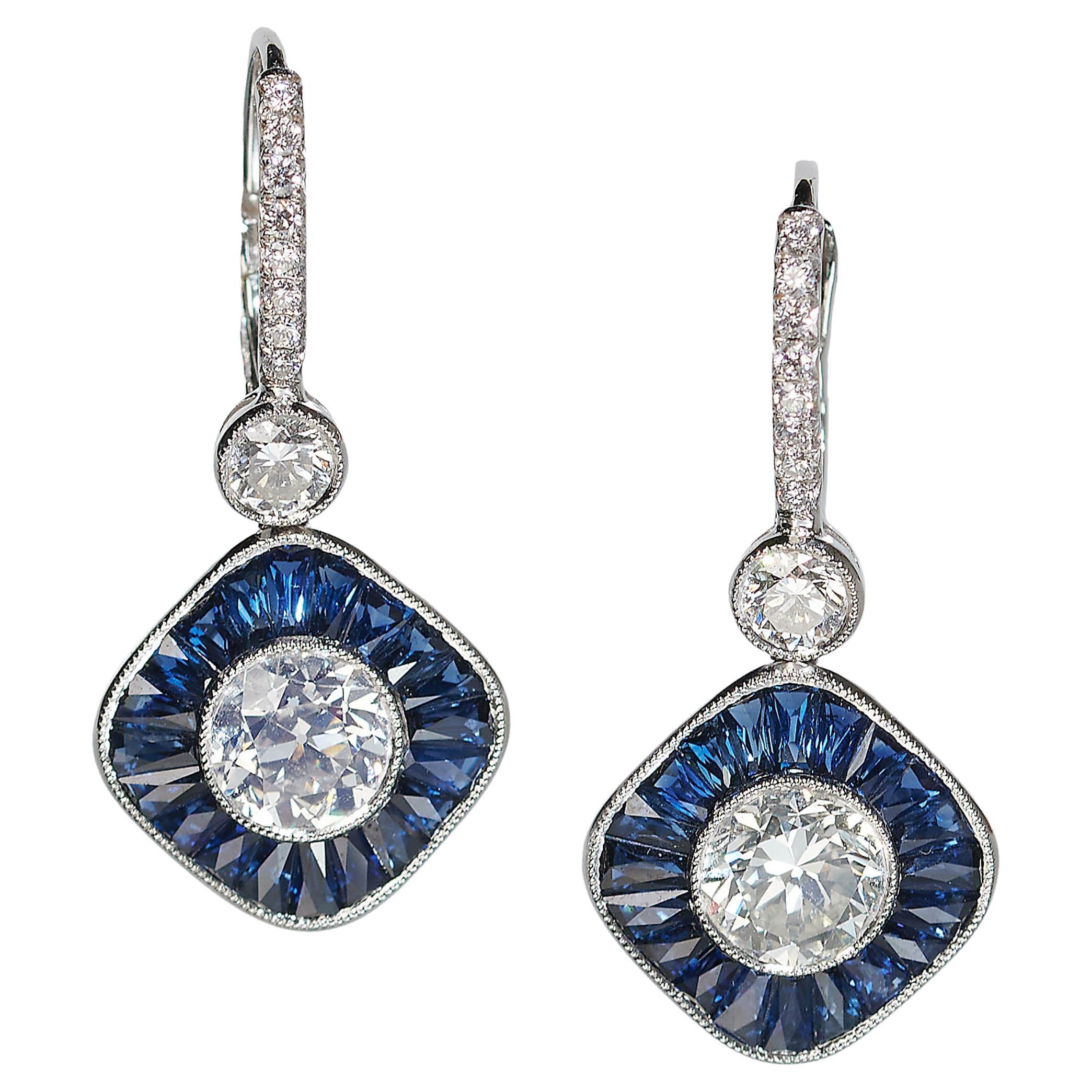 Sapphire, Diamond and Platinum Drop Earrings, 2.70 Carat