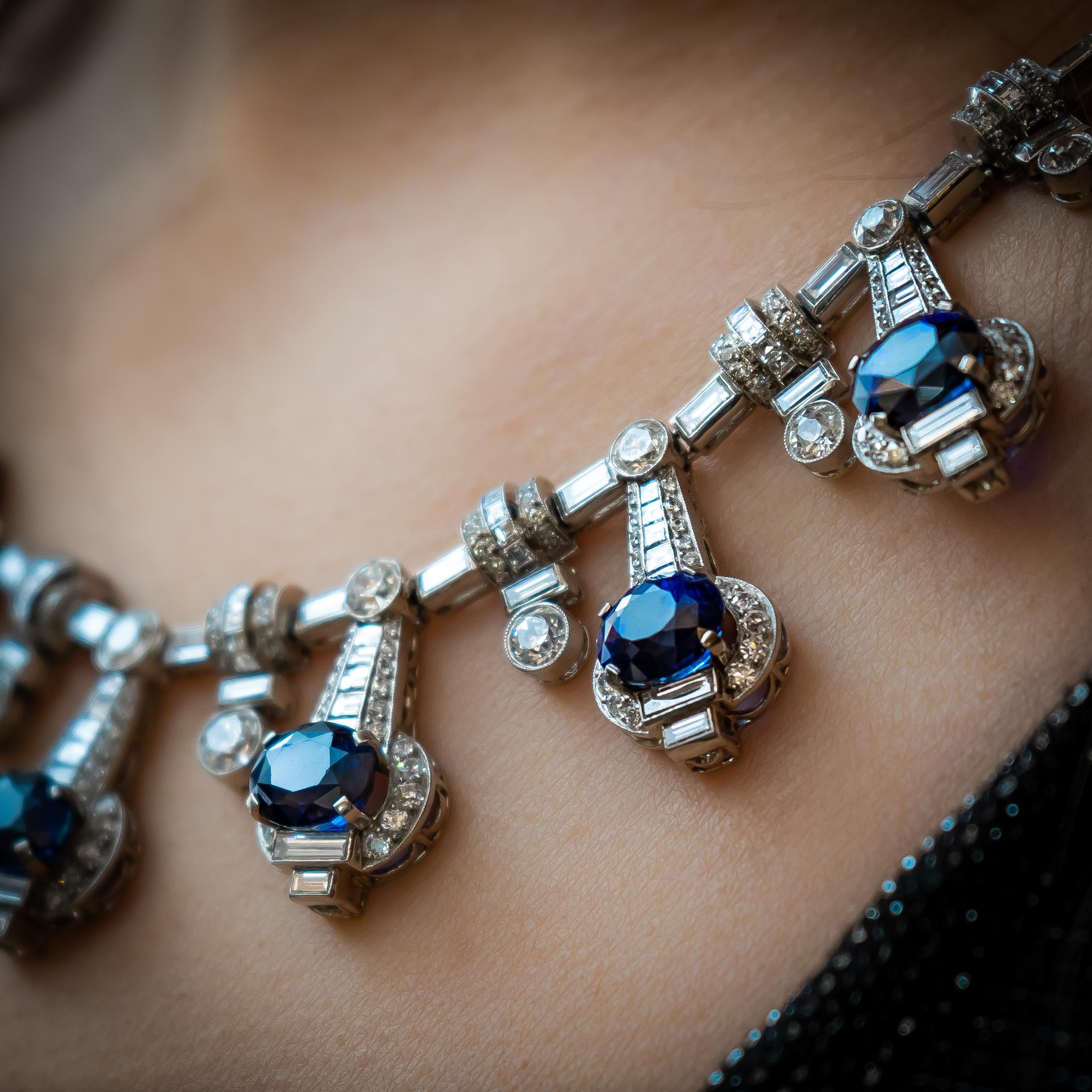 Modern Sapphire, Diamond and Platinum Fringe Necklace For Sale