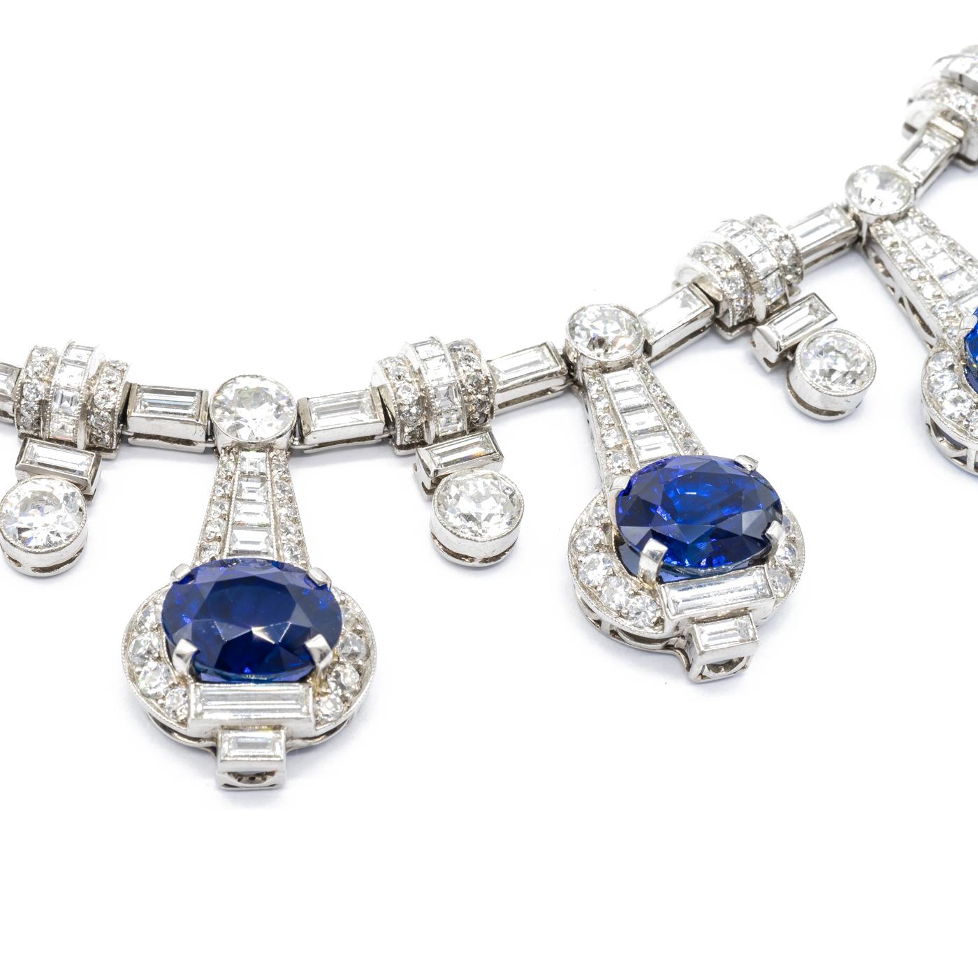 Oval Cut Sapphire, Diamond and Platinum Fringe Necklace For Sale