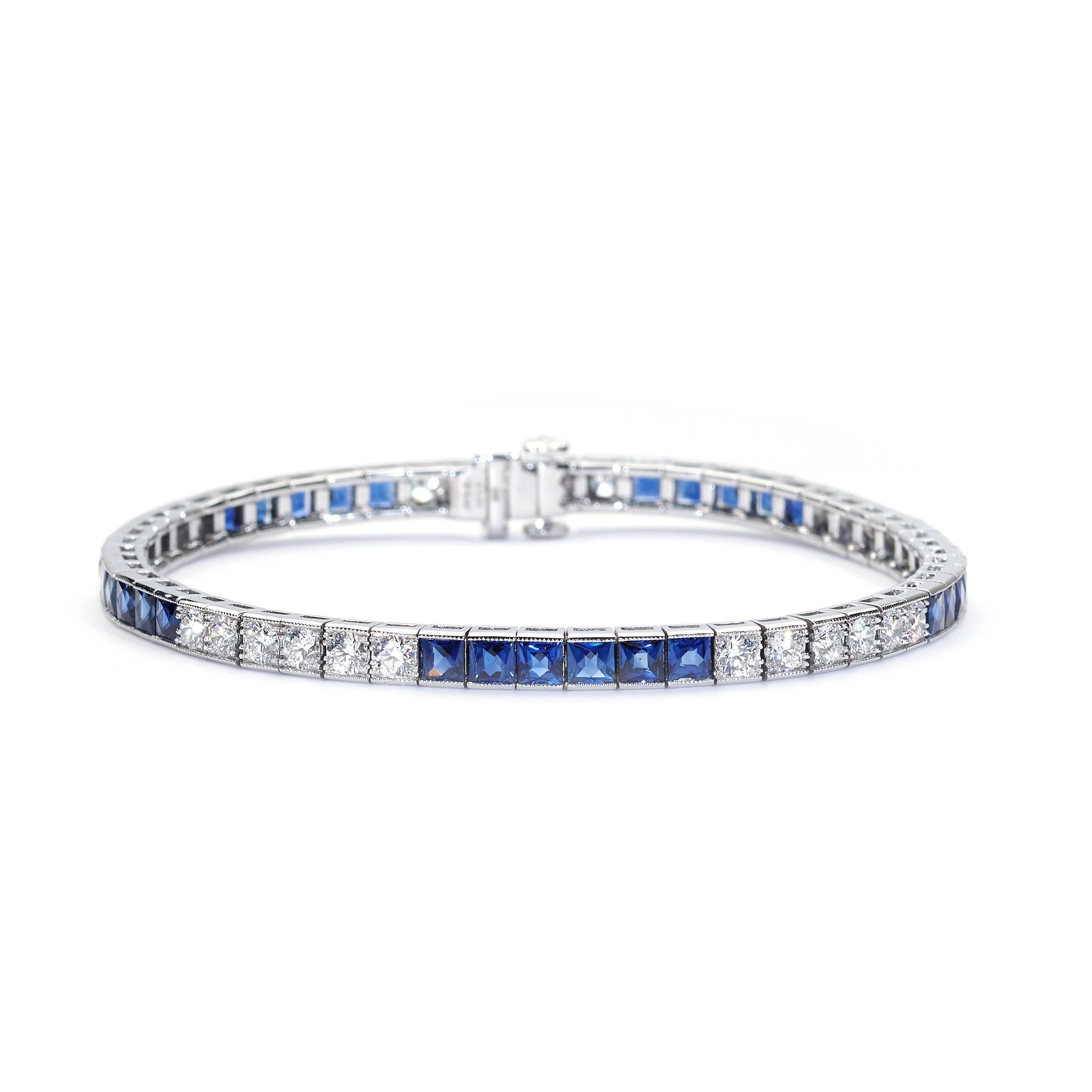 Sapphire, Diamond and Platinum Line Bracelet, 4.64 Carat For Sale 1