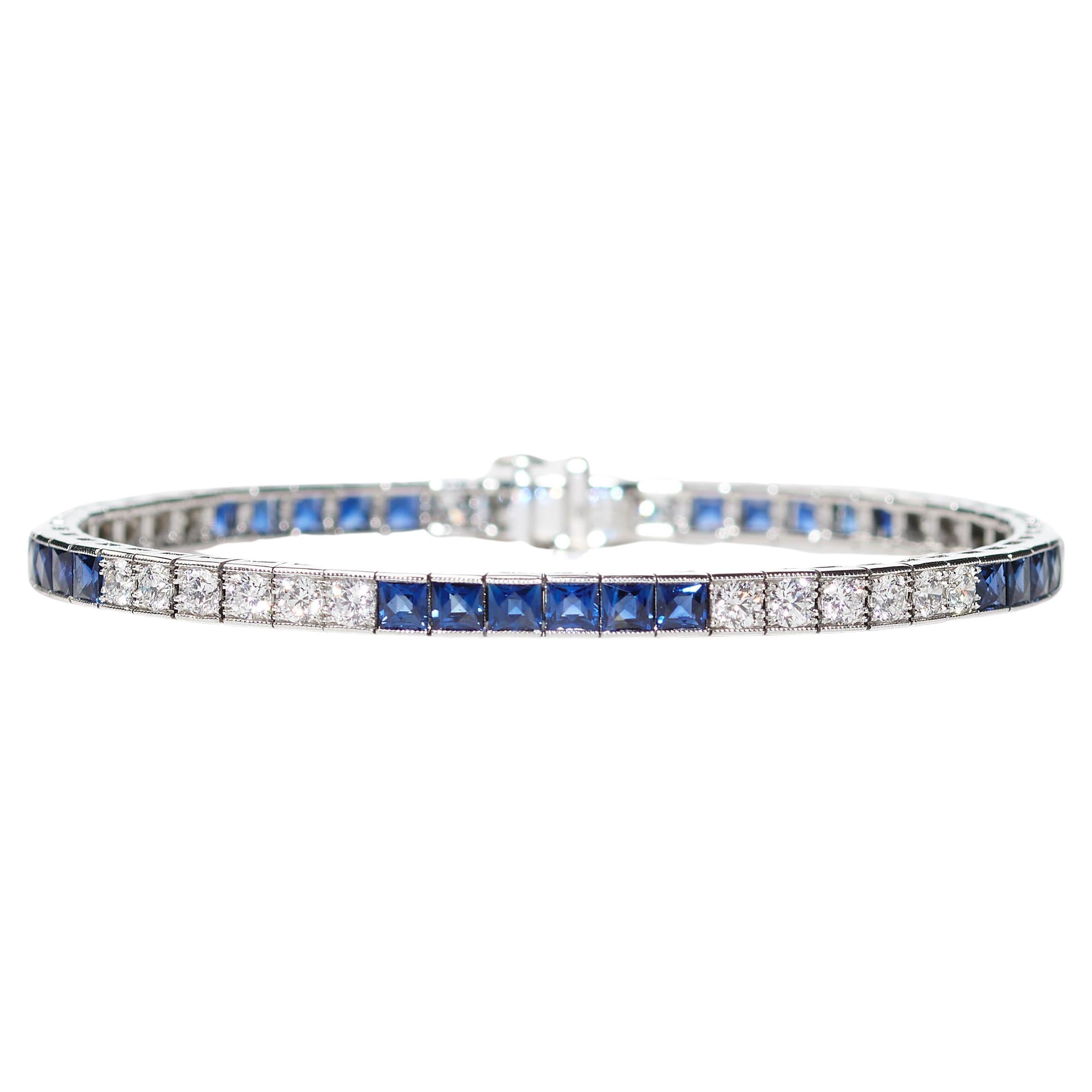 Sapphire, Diamond and Platinum Line Bracelet, 4.64 Carat For Sale