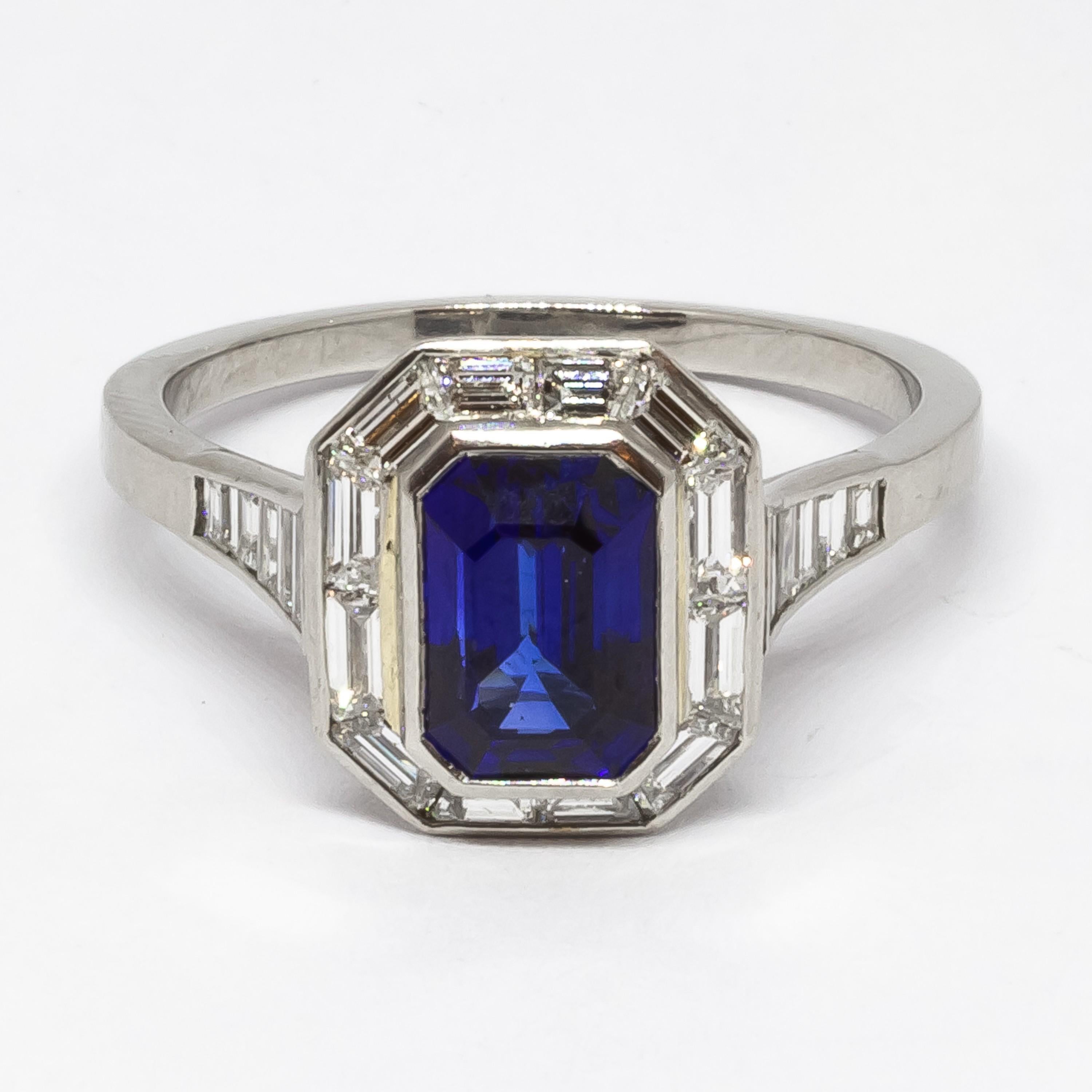 Emerald Cut Sapphire, Diamond and Platinum Mitre Set Ring For Sale