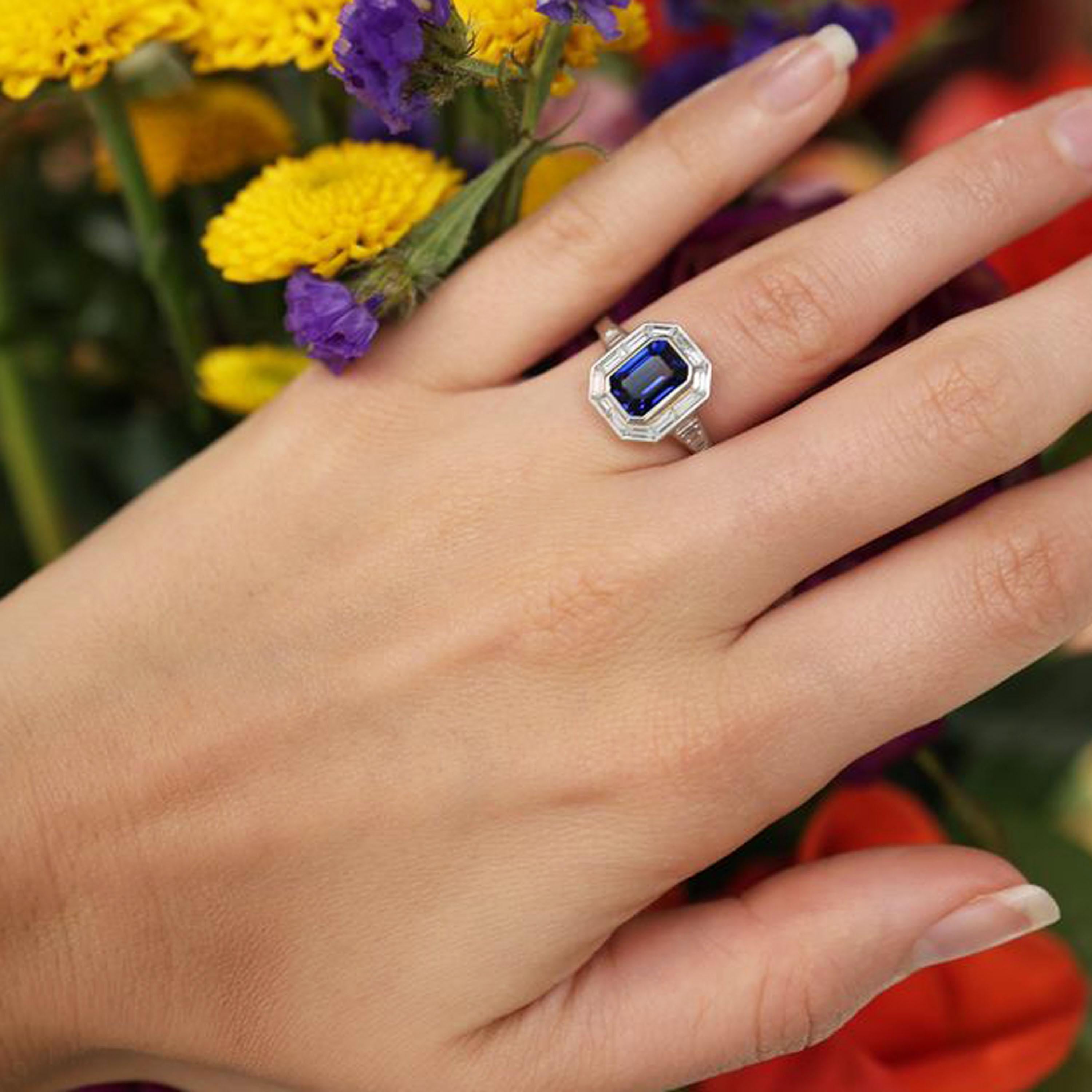 Ring mit Saphir, Diamant und Platin in Gehrung Damen im Angebot