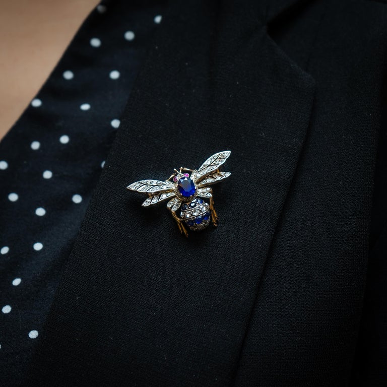 Sapphire Diamond and Ruby Bee Brooch at 1stDibs
