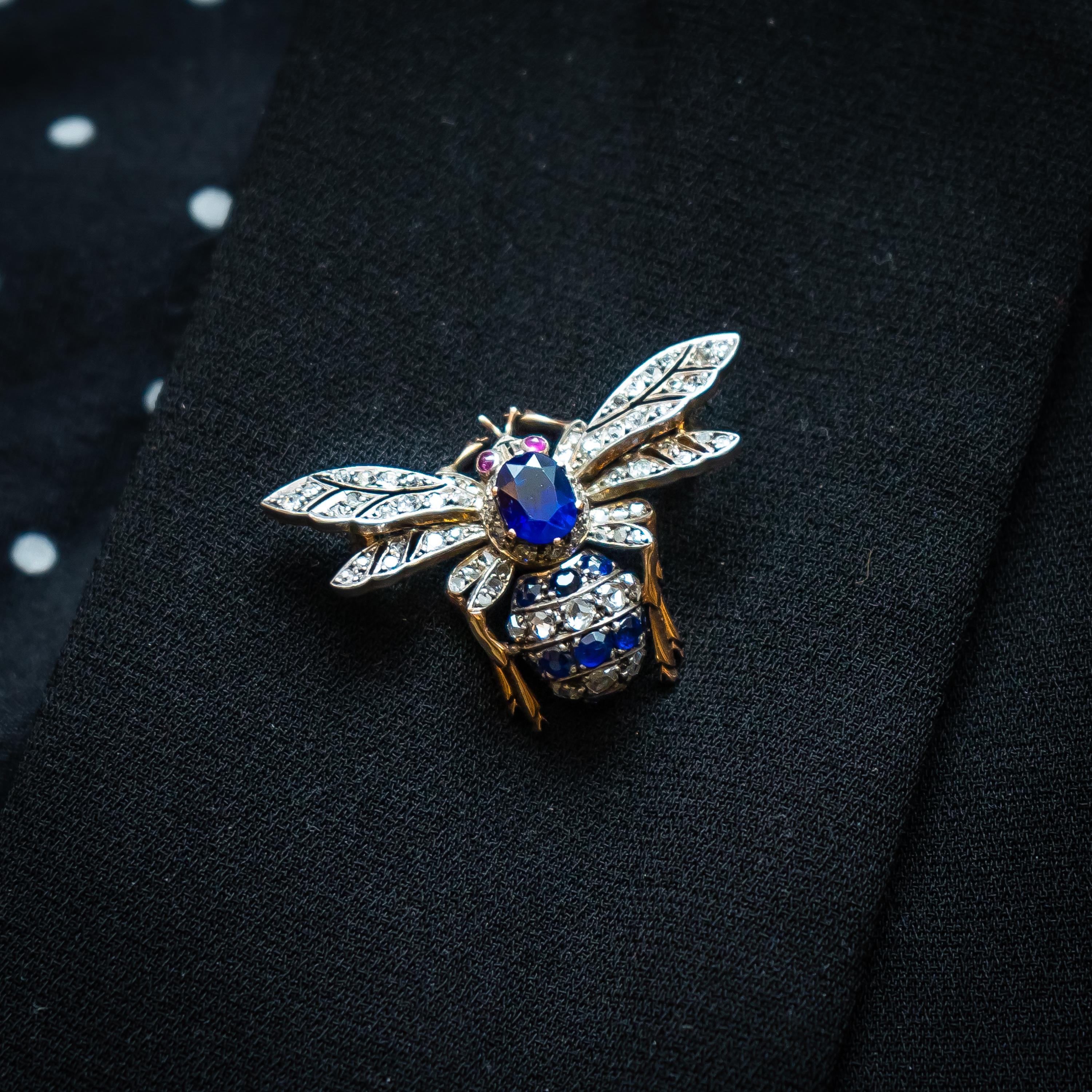 Late Victorian Sapphire Diamond and Ruby Bee Brooch