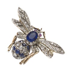 Antique Sapphire Diamond and Ruby Bee Brooch