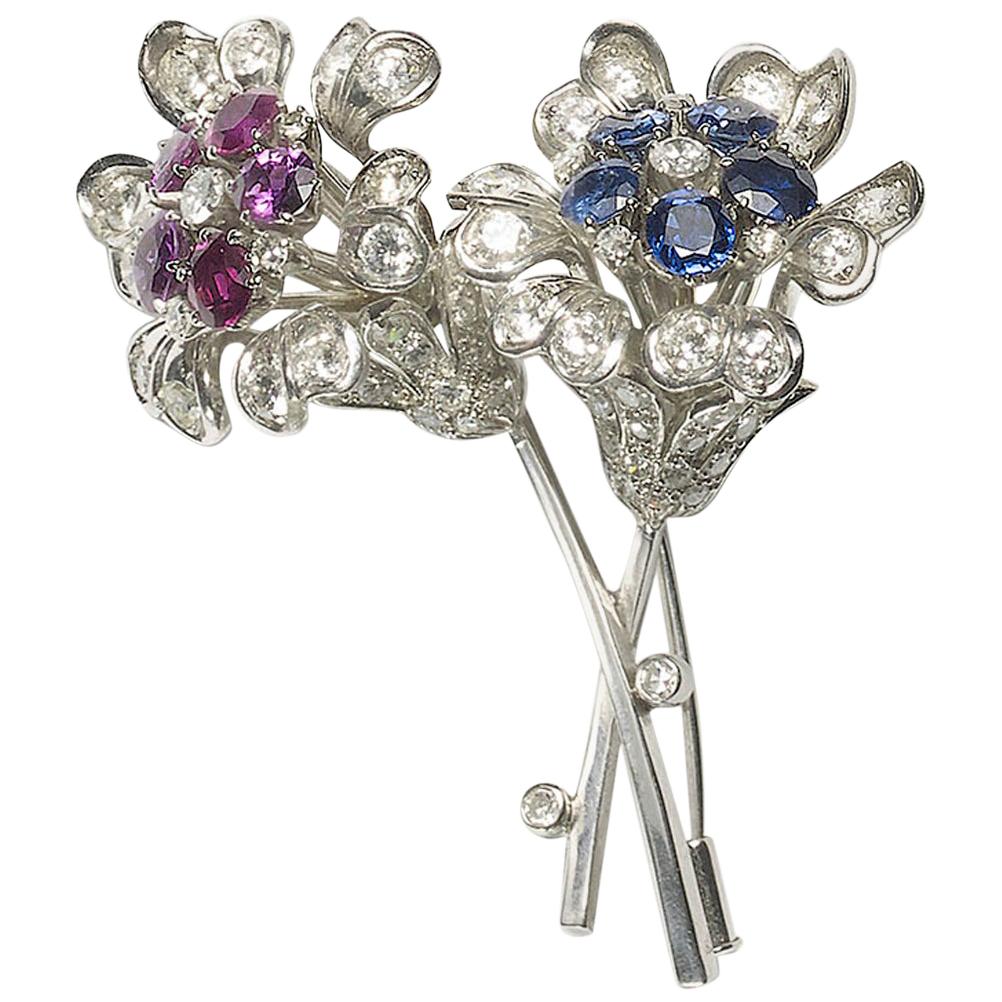 Sapphire Diamond and Ruby Flower White Gold 18 Carat Brooch
