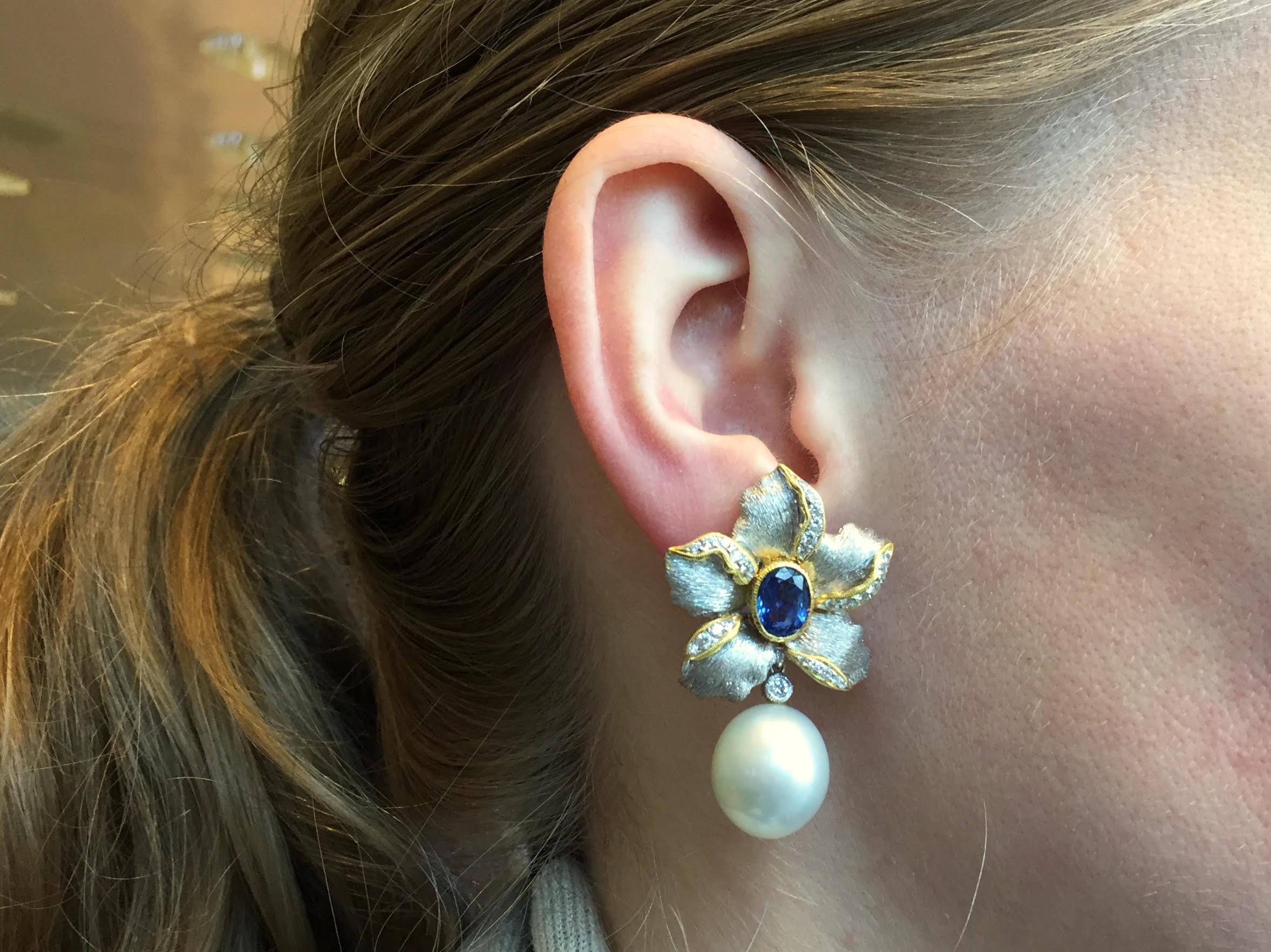 Sapphire, Diamond and South Sea Pearl 18 Karat Floral Earrings For Sale 6