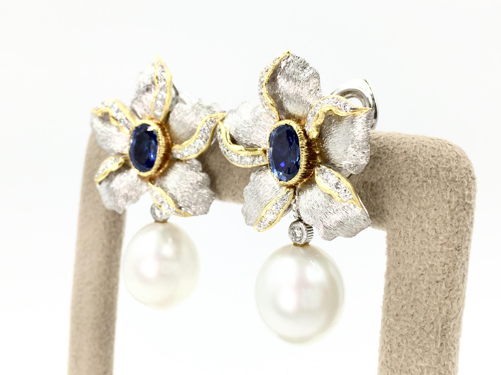 Sapphire, Diamond and South Sea Pearl 18 Karat Floral Earrings In Excellent Condition For Sale In Pikesville, MD