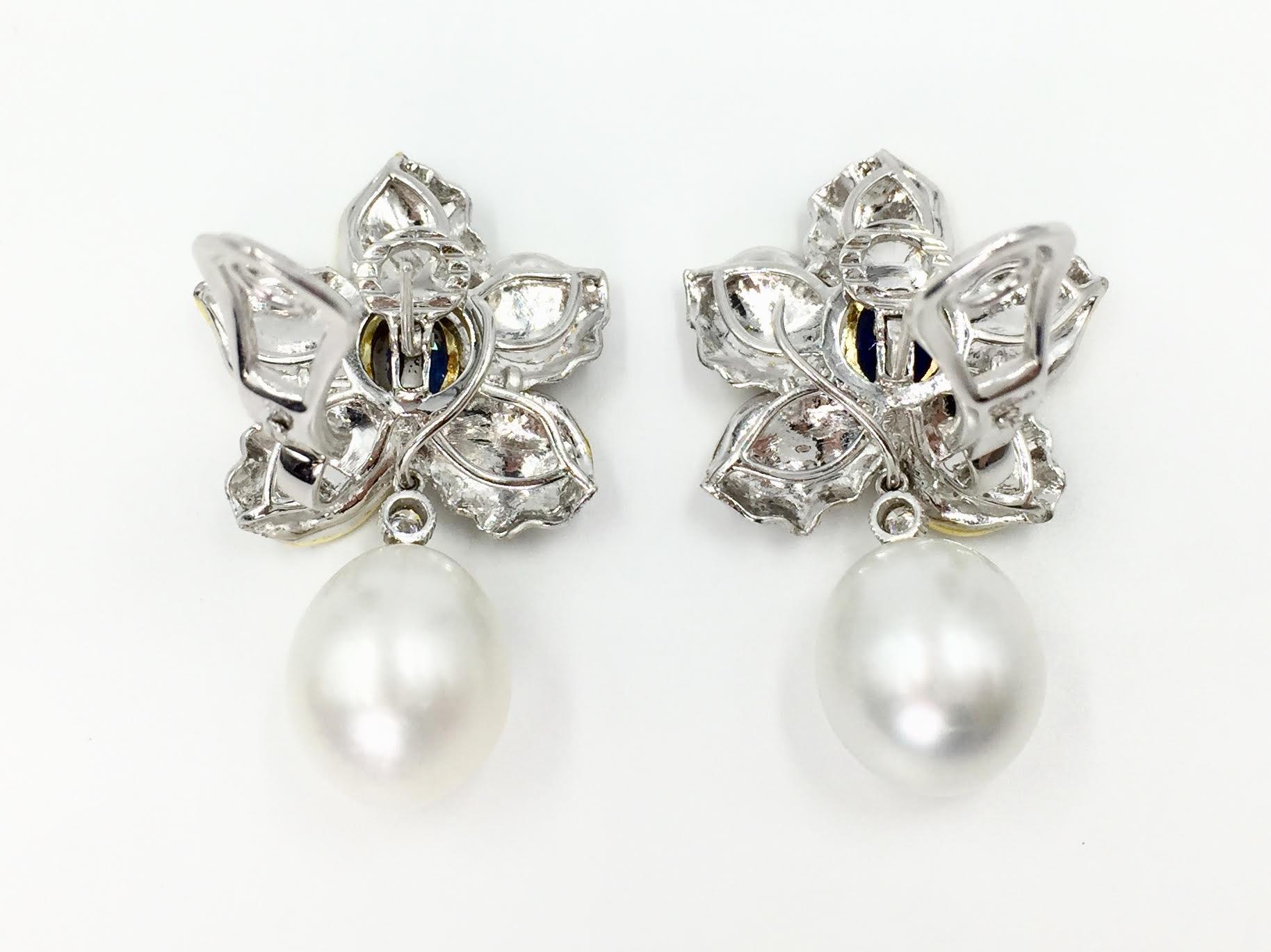 Women's Sapphire, Diamond and South Sea Pearl 18 Karat Floral Earrings For Sale