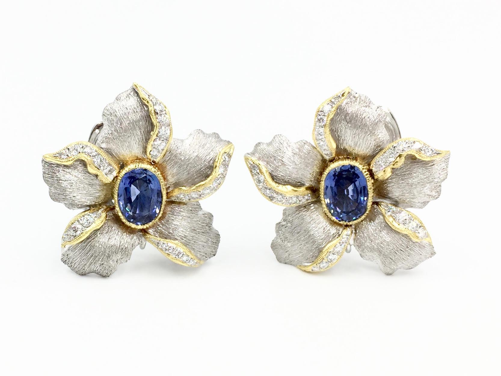 Sapphire, Diamond and South Sea Pearl 18 Karat Floral Earrings For Sale 1
