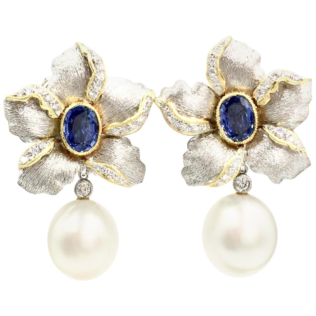 Sapphire, Diamond and South Sea Pearl 18 Karat Floral Earrings For Sale