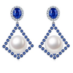 Eostre Sapphire, Diamond and White South Sea Pearl Earring in 18K White Gold