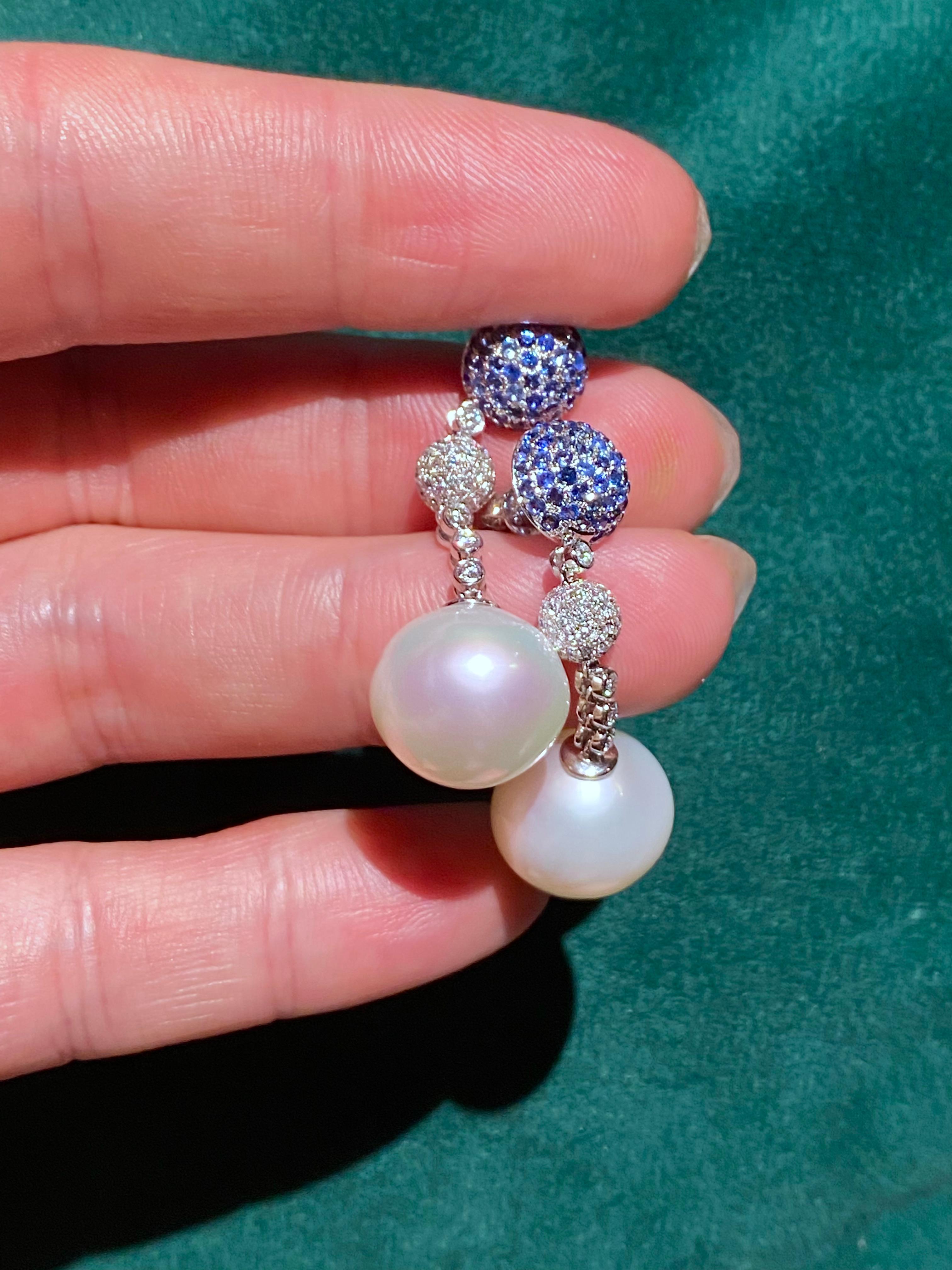 Contemporary Eostre Sapphire, Diamond and South Sea Pearl White Gold Earring  For Sale