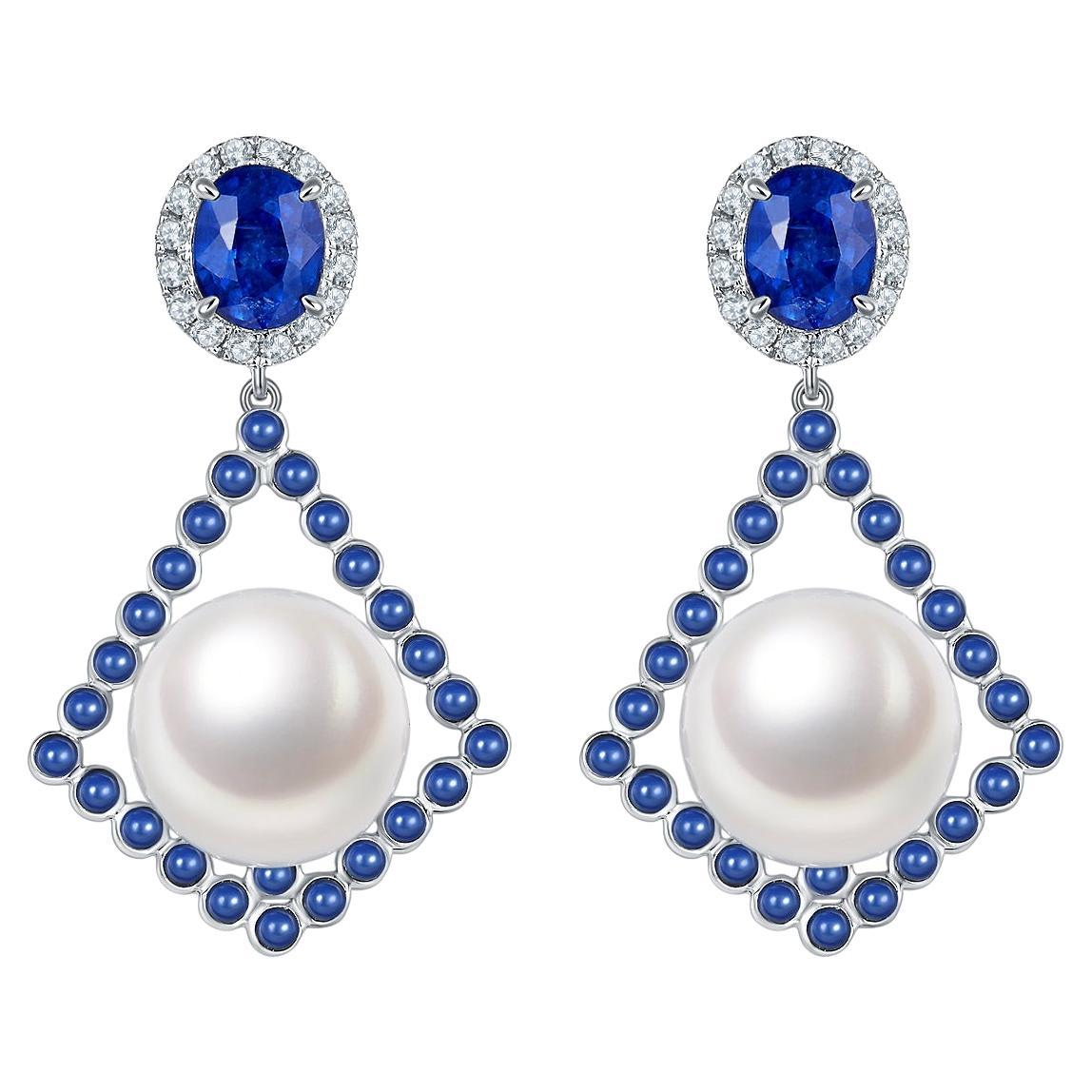 Eostre Sapphire, Diamond and South Sea Pearl White Gold Earring