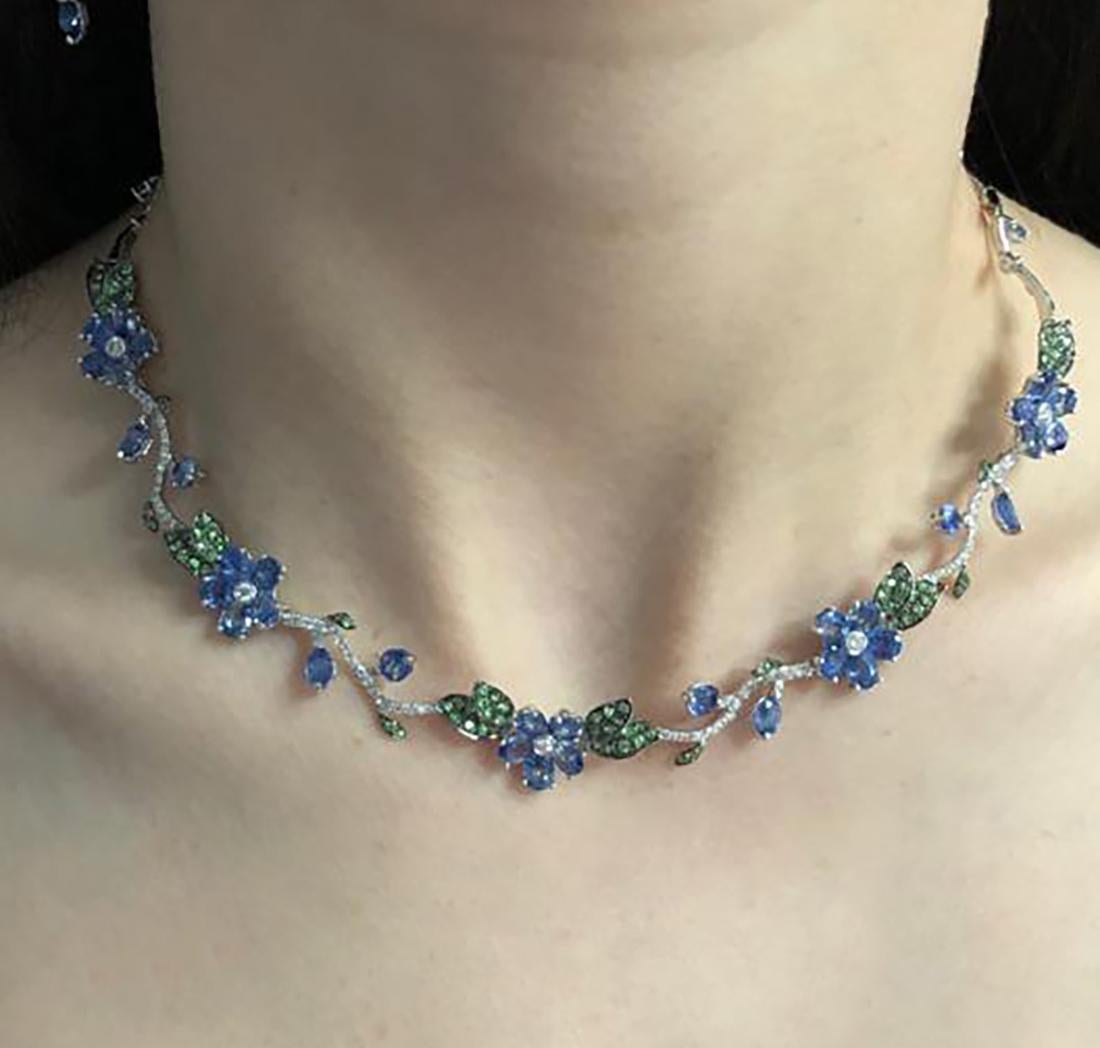 Sapphire, Diamond and Tsavorite Flower Necklace and Earring Set 4