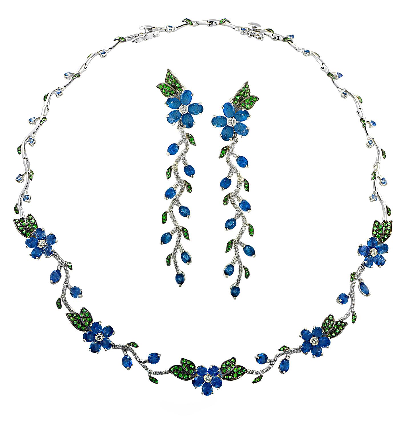 Modern Sapphire, Diamond and Tsavorite Flower Necklace and Earring Set