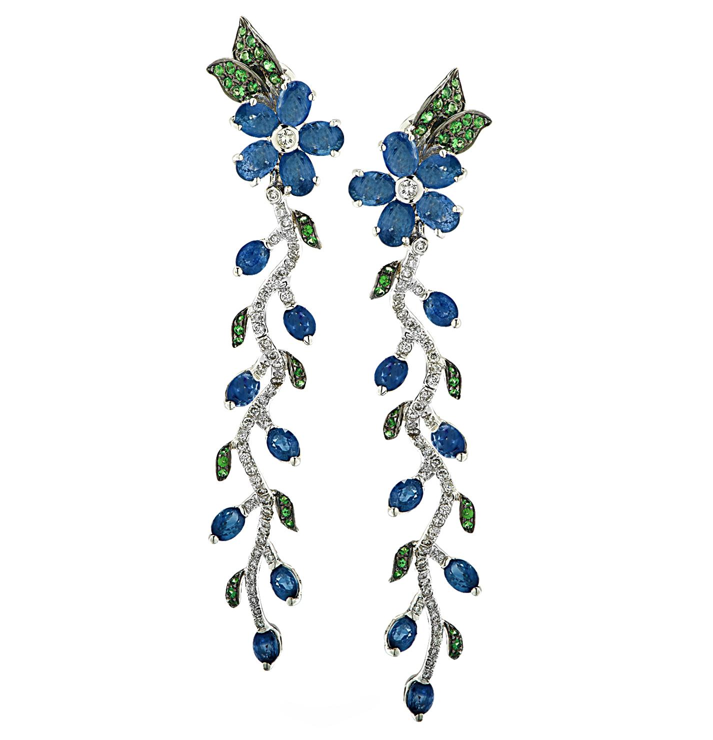 Oval Cut Sapphire, Diamond and Tsavorite Flower Necklace and Earring Set