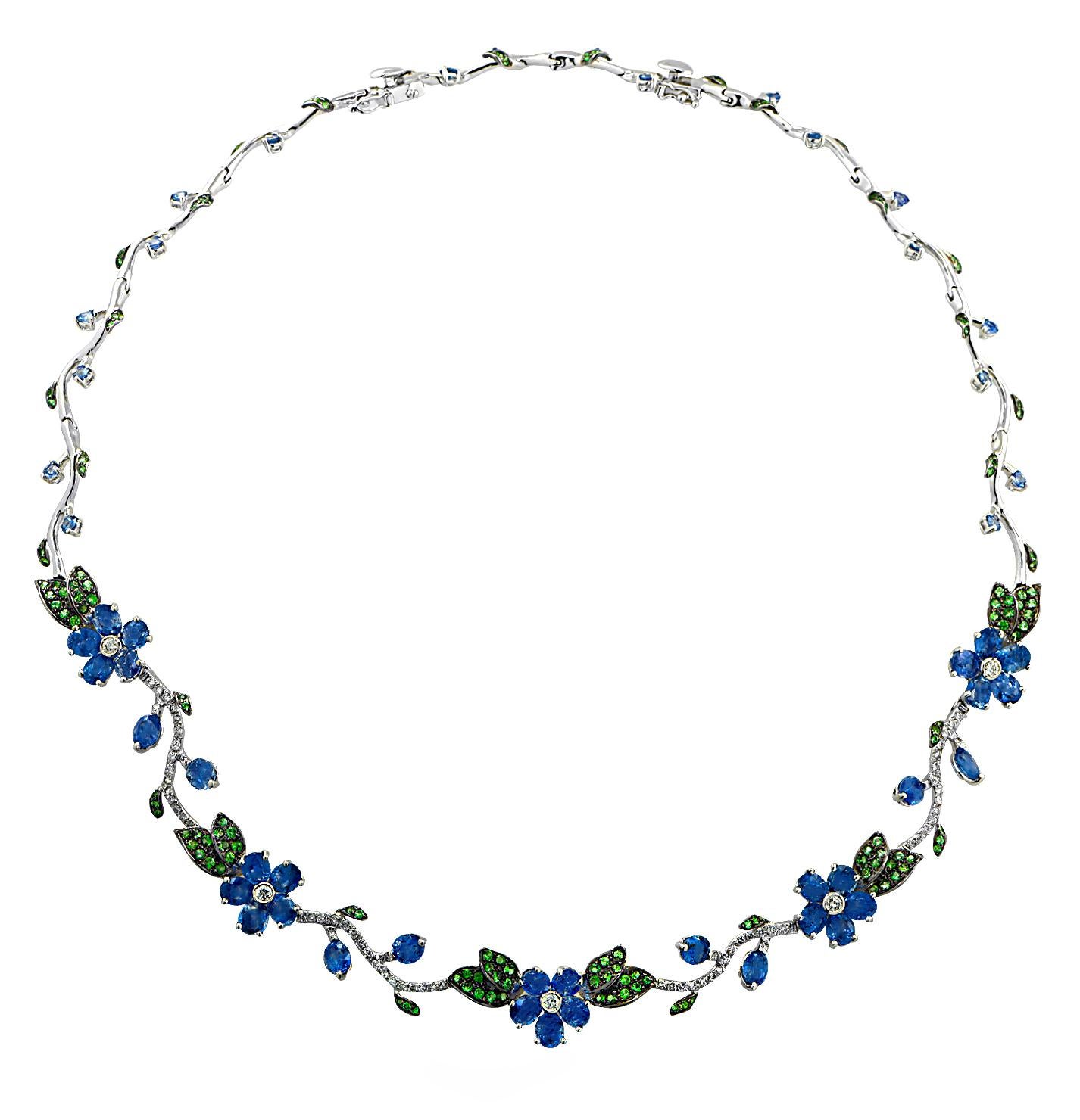 Women's Sapphire, Diamond and Tsavorite Flower Necklace and Earring Set