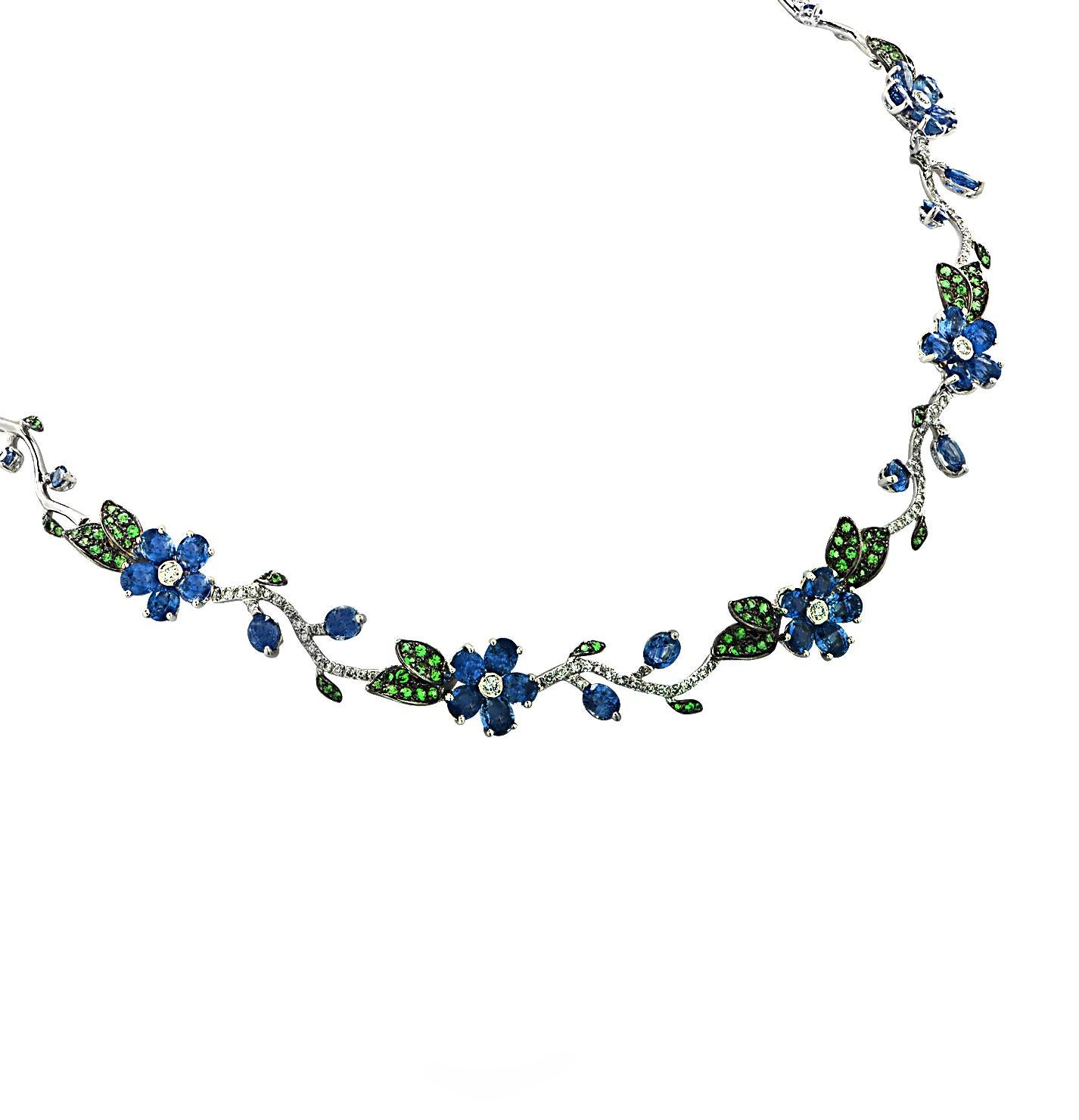 Sapphire, Diamond and Tsavorite Flower Necklace and Earring Set 1