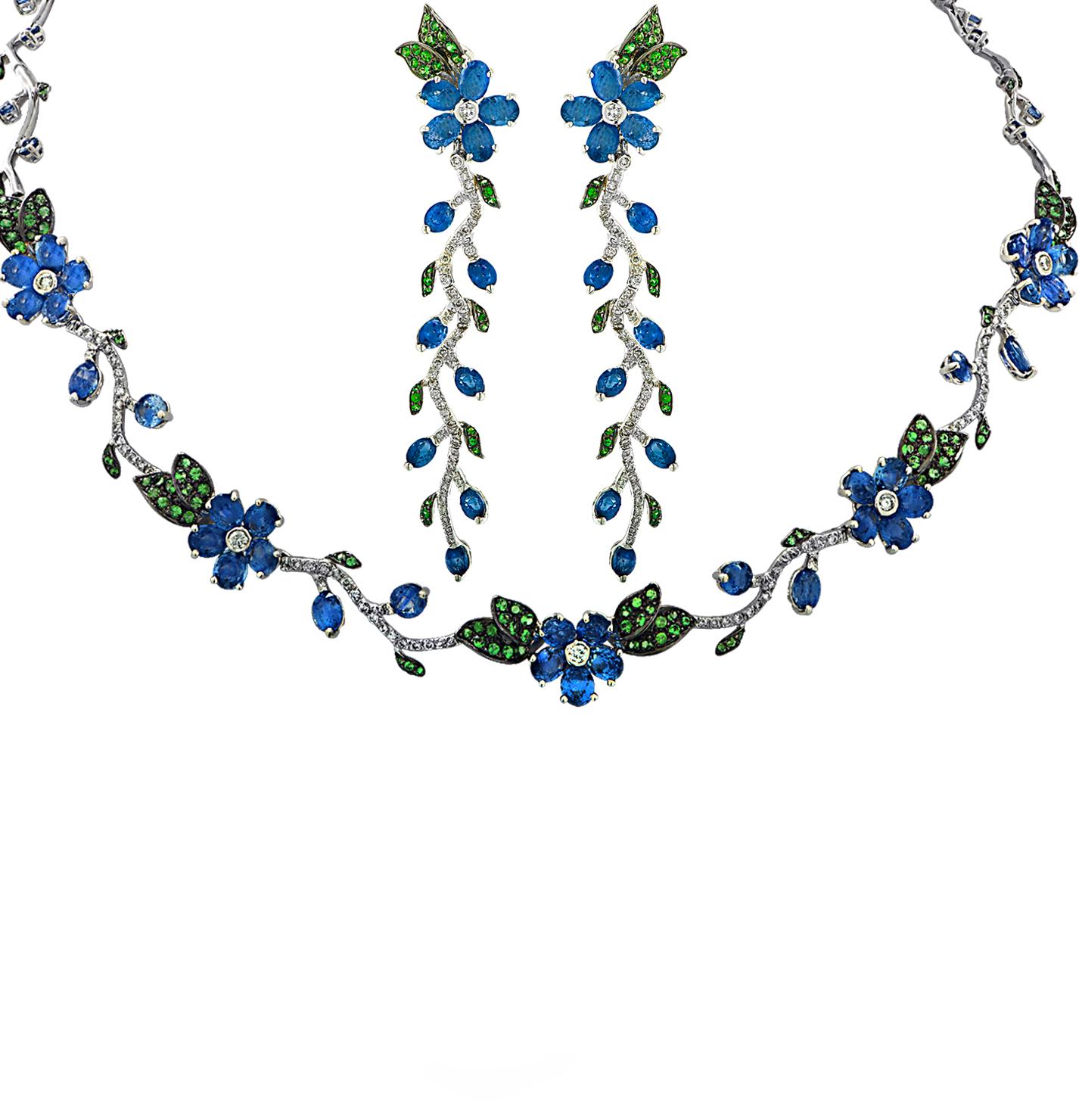 Sapphire, Diamond and Tsavorite Flower Necklace and Earring Set 2