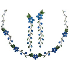 Sapphire, Diamond and Tsavorite Flower Necklace and Earring Set