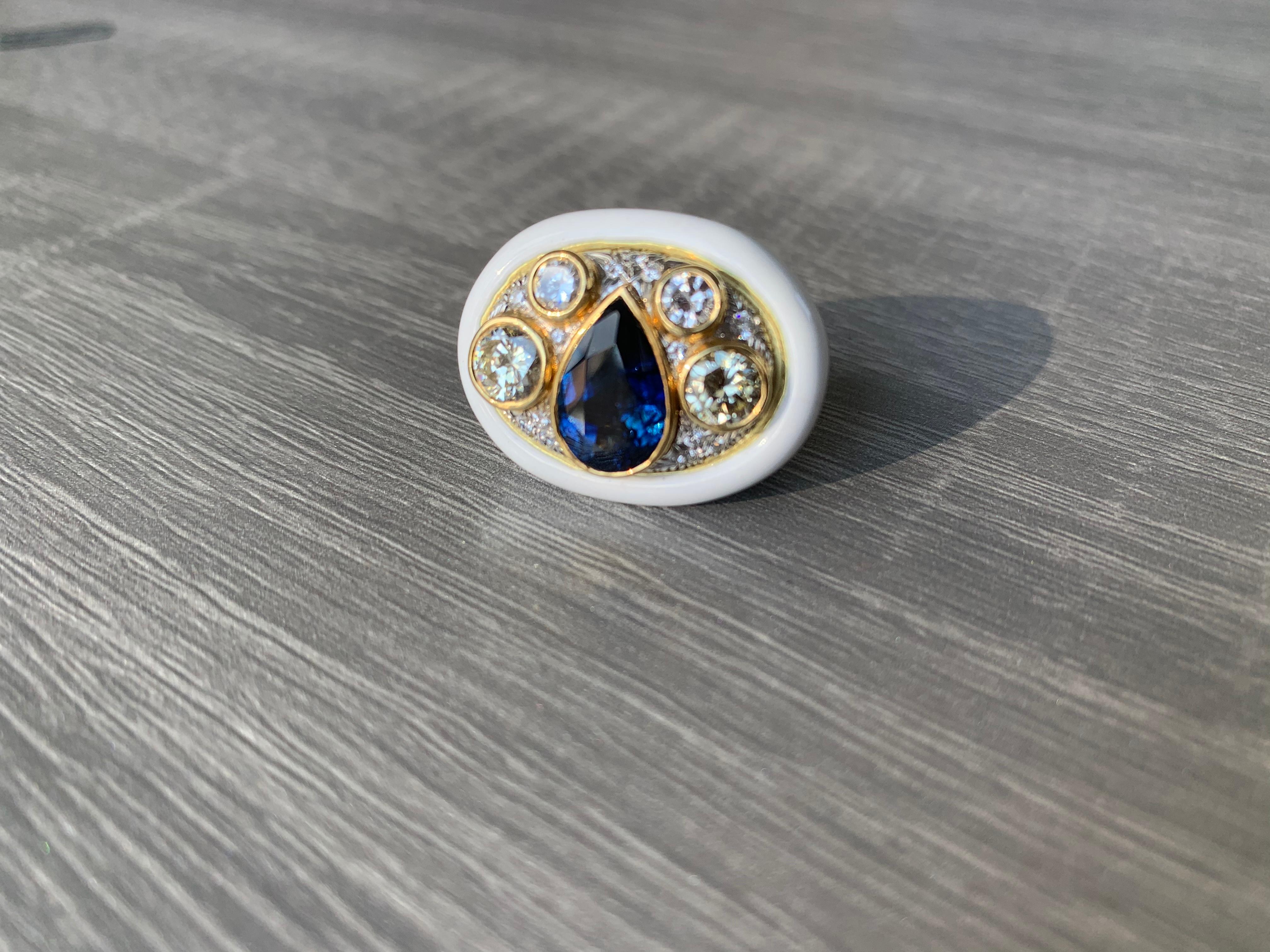Women's Sapphire Diamond and White Enamel Ring by Andrew Clunn For Sale