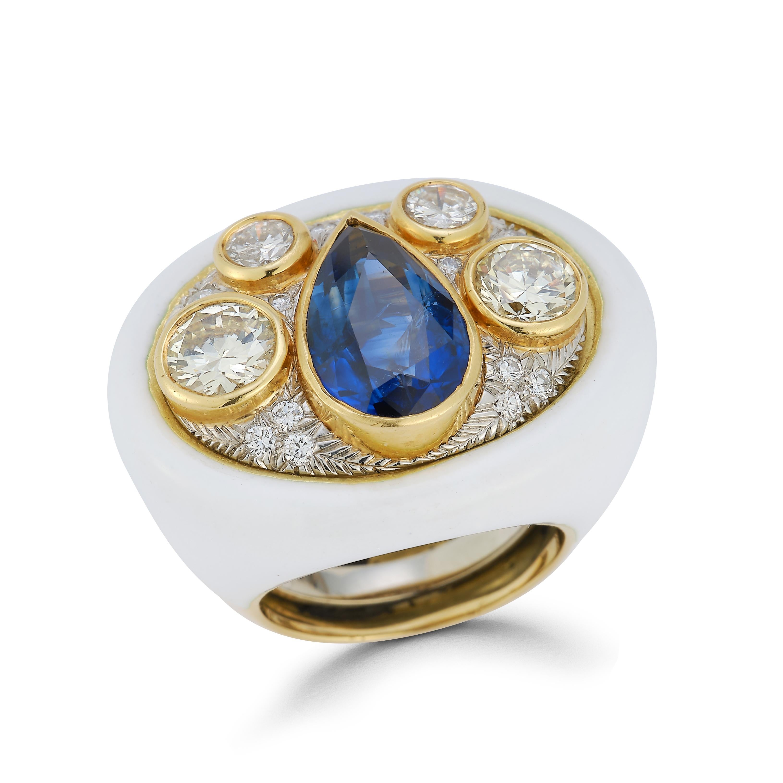 Sapphire Diamond and White Enamel Ring by Andrew Clunn

Pear Shape sapphire weight approx 4.02 ct
Diamonds weigh approx 1.93 total

Center gem set panel is removable and may become a pendant brooch!

Mounted in Platinum and Gold 

Sizable to any
