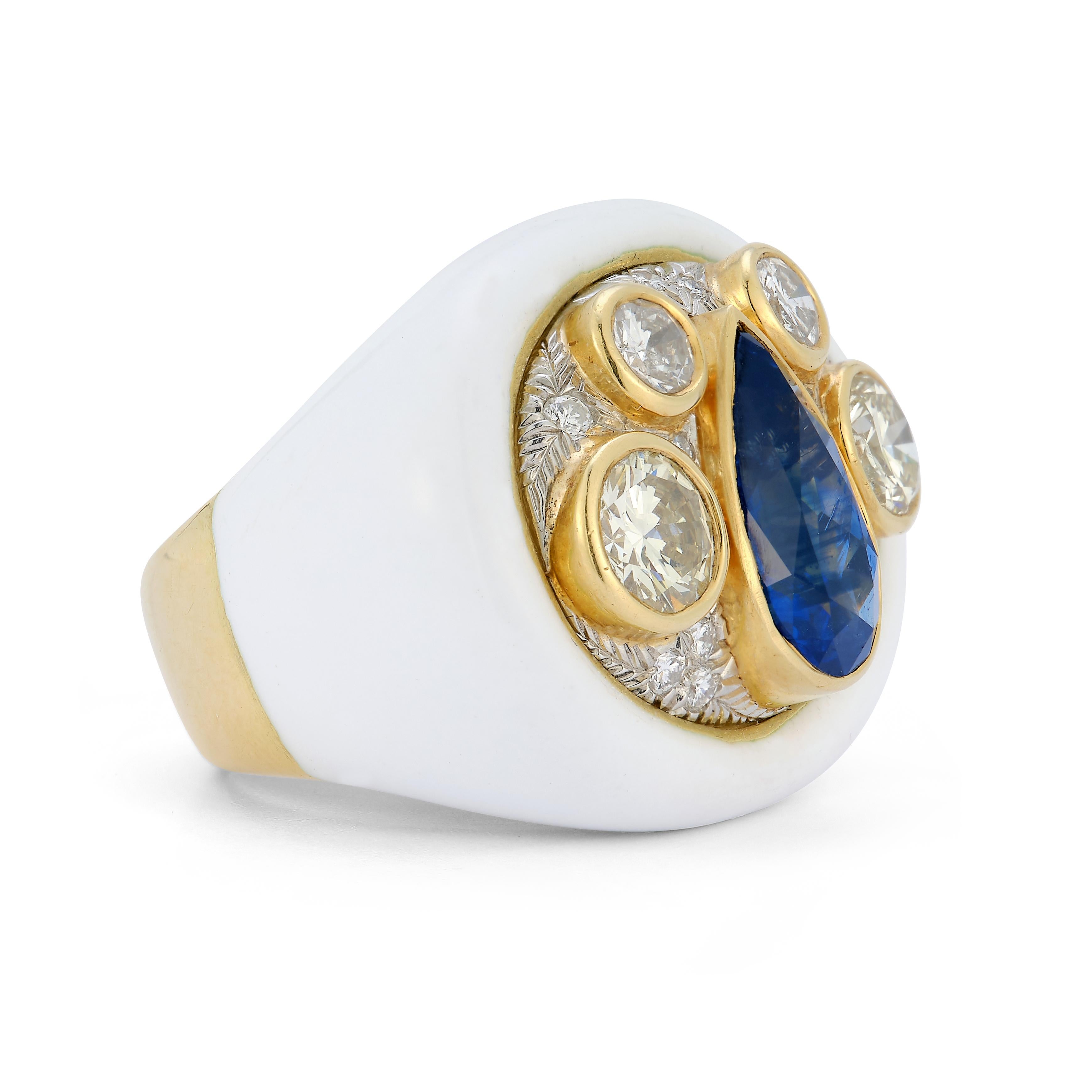 Pear Cut Sapphire Diamond and White Enamel Ring by Andrew Clunn For Sale