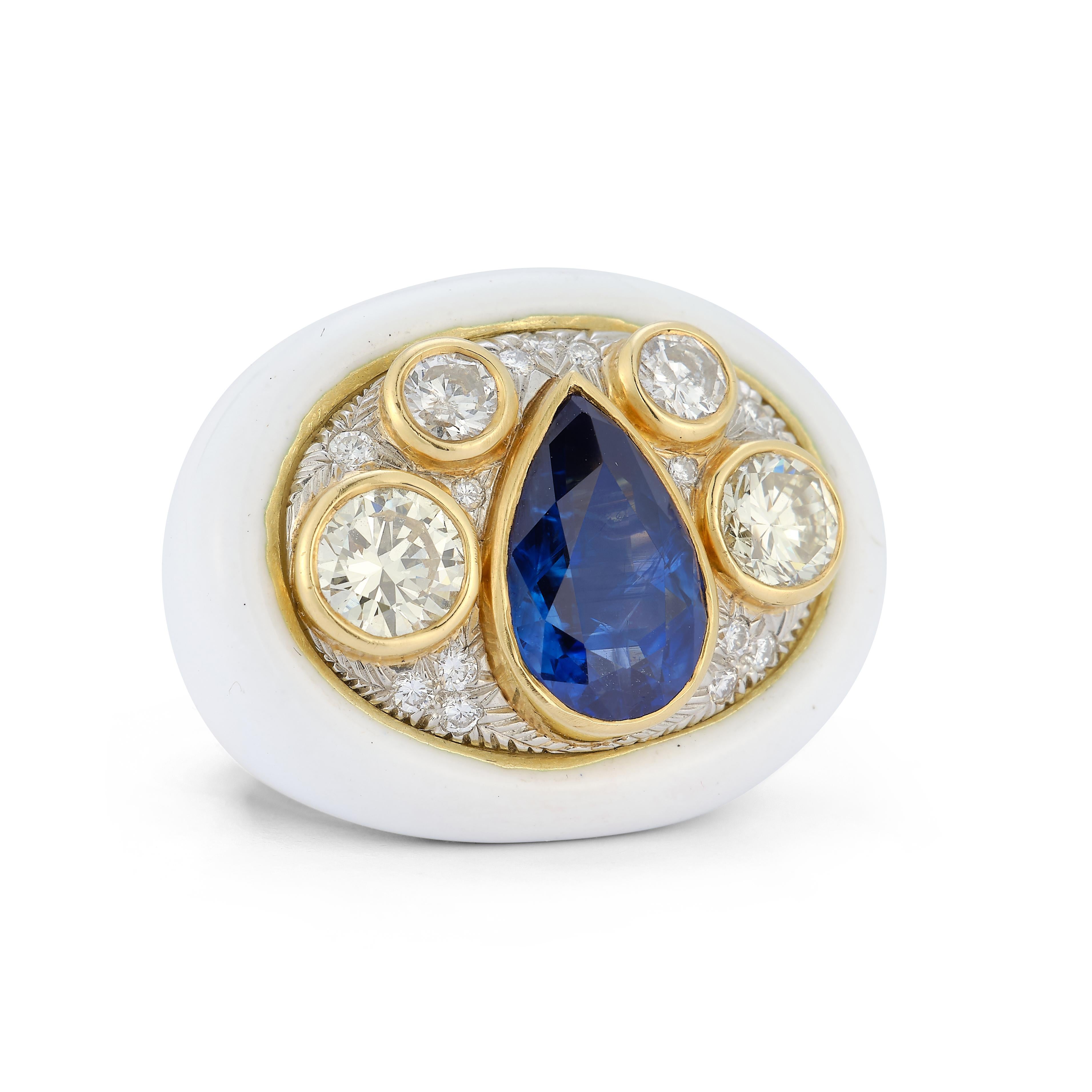 Sapphire Diamond and White Enamel Ring by Andrew Clunn In Excellent Condition For Sale In New York, NY