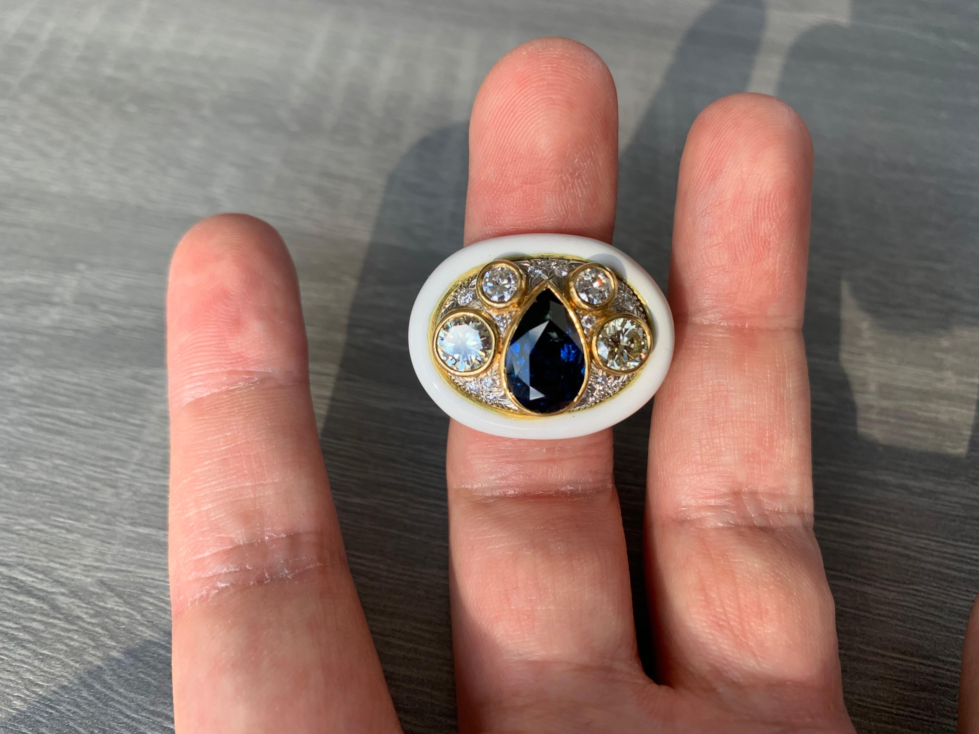 Sapphire Diamond and White Enamel Ring by Andrew Clunn For Sale 4